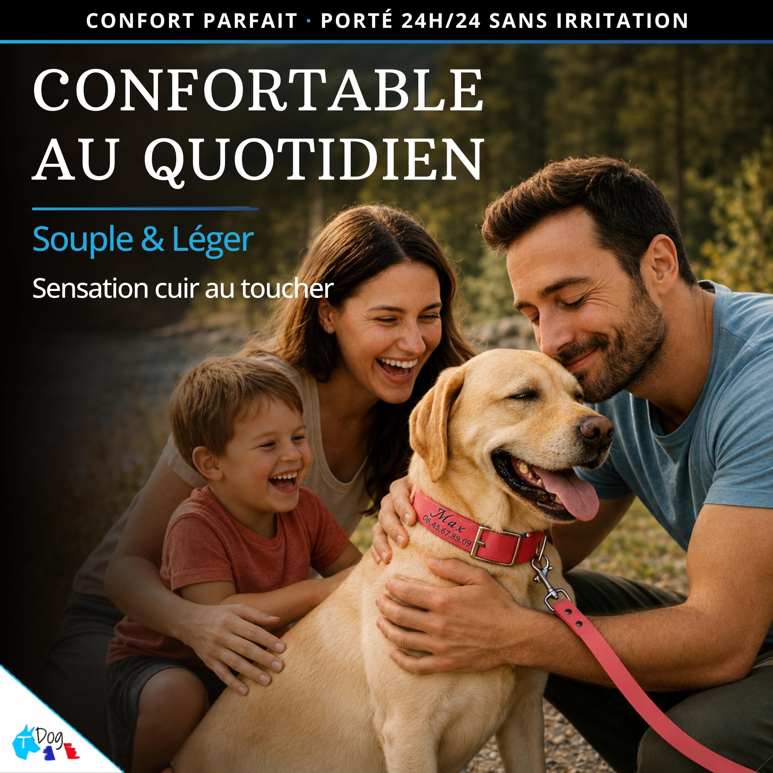Collier Chien personnalisé Biothane - Fait Main France - Collier gravé au Laser - Gravure prénom et numéro téléphone - Sport Chasse Rando - Collier étanche et résistant pour Chien - TDOG (Rouge)