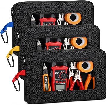 3 Pack 12.5 Inch Small Tool Pouch with Clear Window, 1680D Oxford Heavy-Duty Tool Bags Organizer with Belt Clip, Utility Zipper Pouches for Tool Organizers and Storage, Electricians