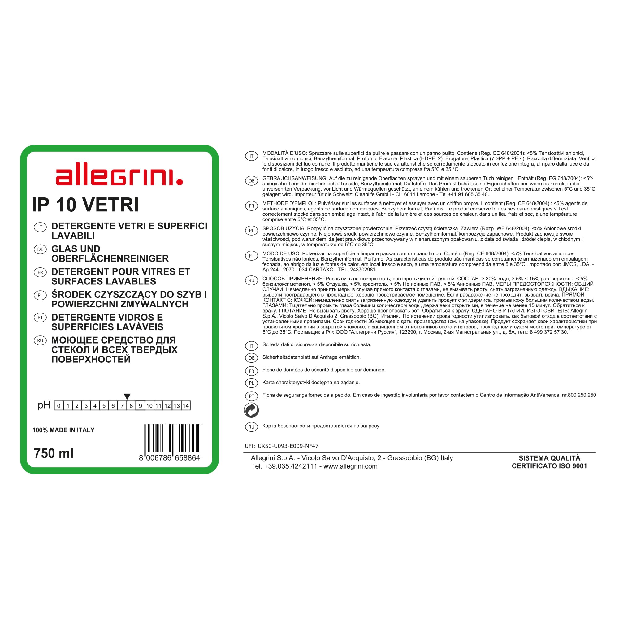 Allegrini IP 10 Spray Vetri Detersivo Pulizia Specchi Finestre Casa Detergente Vetri Auto Pulitore Multiuso 750 ml