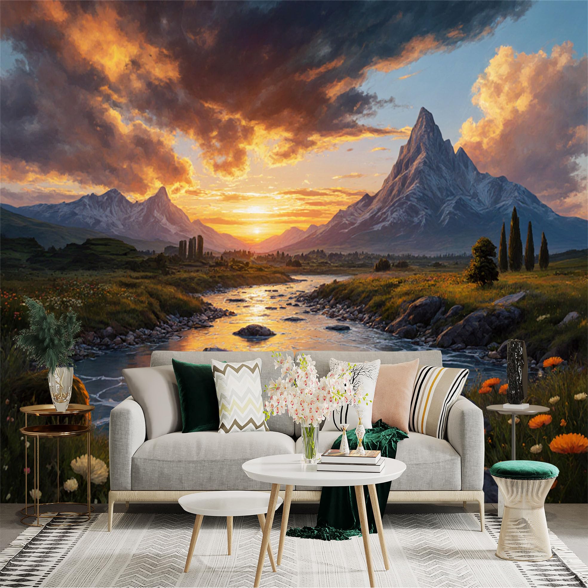Custom Size Wall Sticker Mural， Majestic Mountain Landscape with River， Sunset Sky and Wildflowers， for wall Decoration， peelandstick wall Decals.