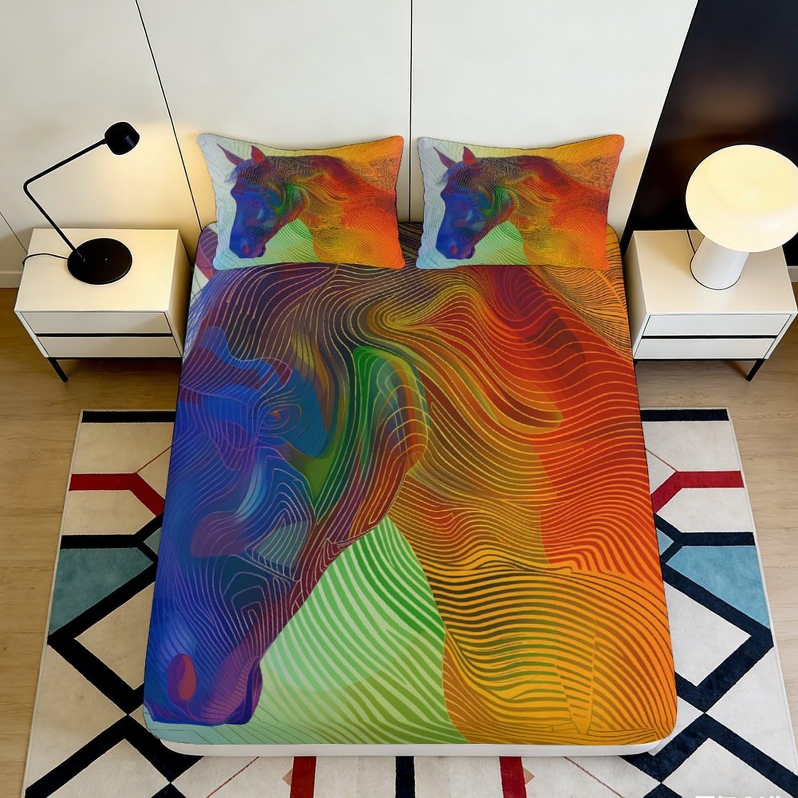 Jqzkxnhpbr Style-4 3D Printed Rainbow Horse Fitted Sheet Microfiber Soft Breathable Abstract Stallion Mattress Cover For Bedroom Guestroom Decor Protection 90X200x25cm