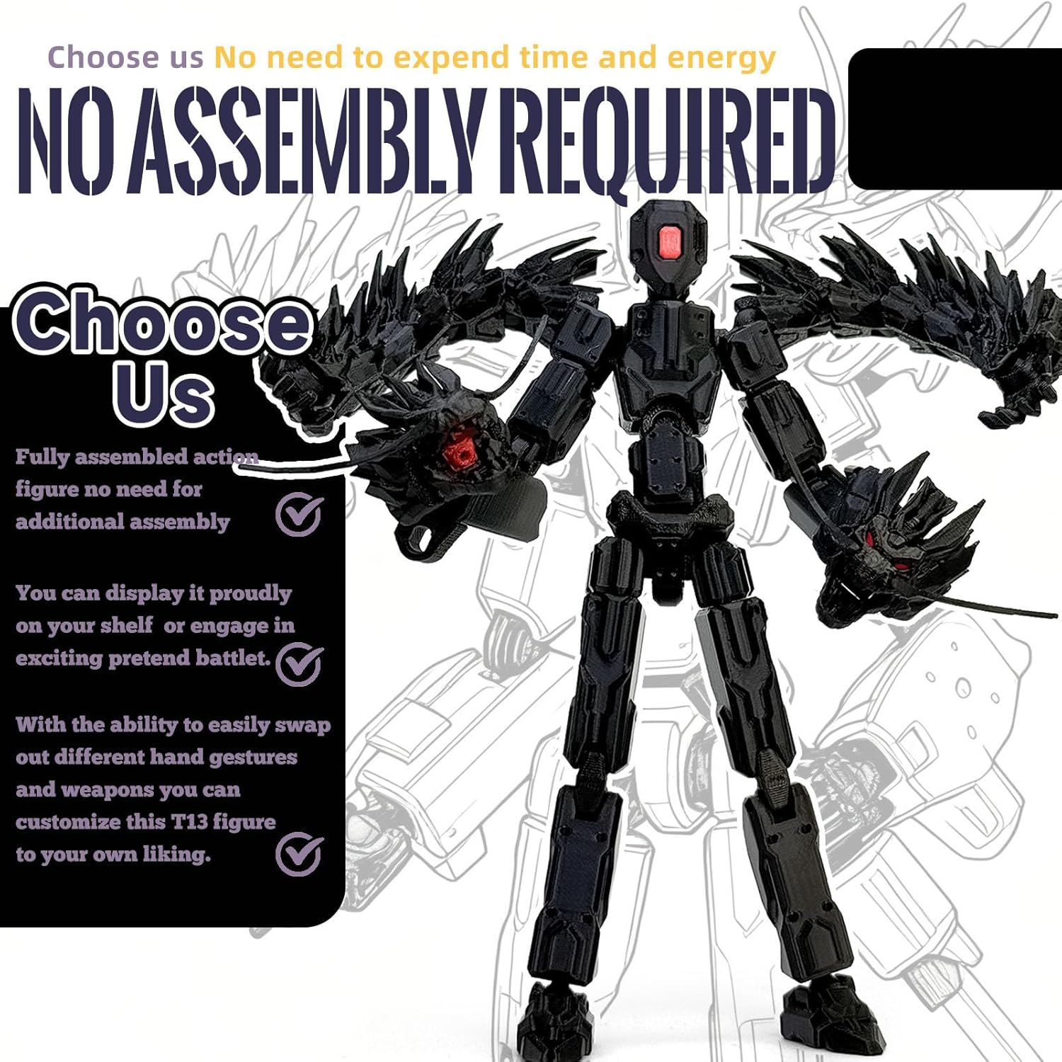 8inch T13 Assembly Completed Action Figure Set,T13 Multi-Jointed Movable There is a 3D Printed Dragon on his Body,for Collectors Desktop Decorations t-13 Movability 3D Printed Toys (Black) - Image 4