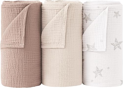 Muslin Swaddle Blankets 100% Cotton Baby Swaddle Cloths 96x100cm, 3 Pack Large Soft Muslin Blankets for Newborn Baby Boys Girls (Cream Star)