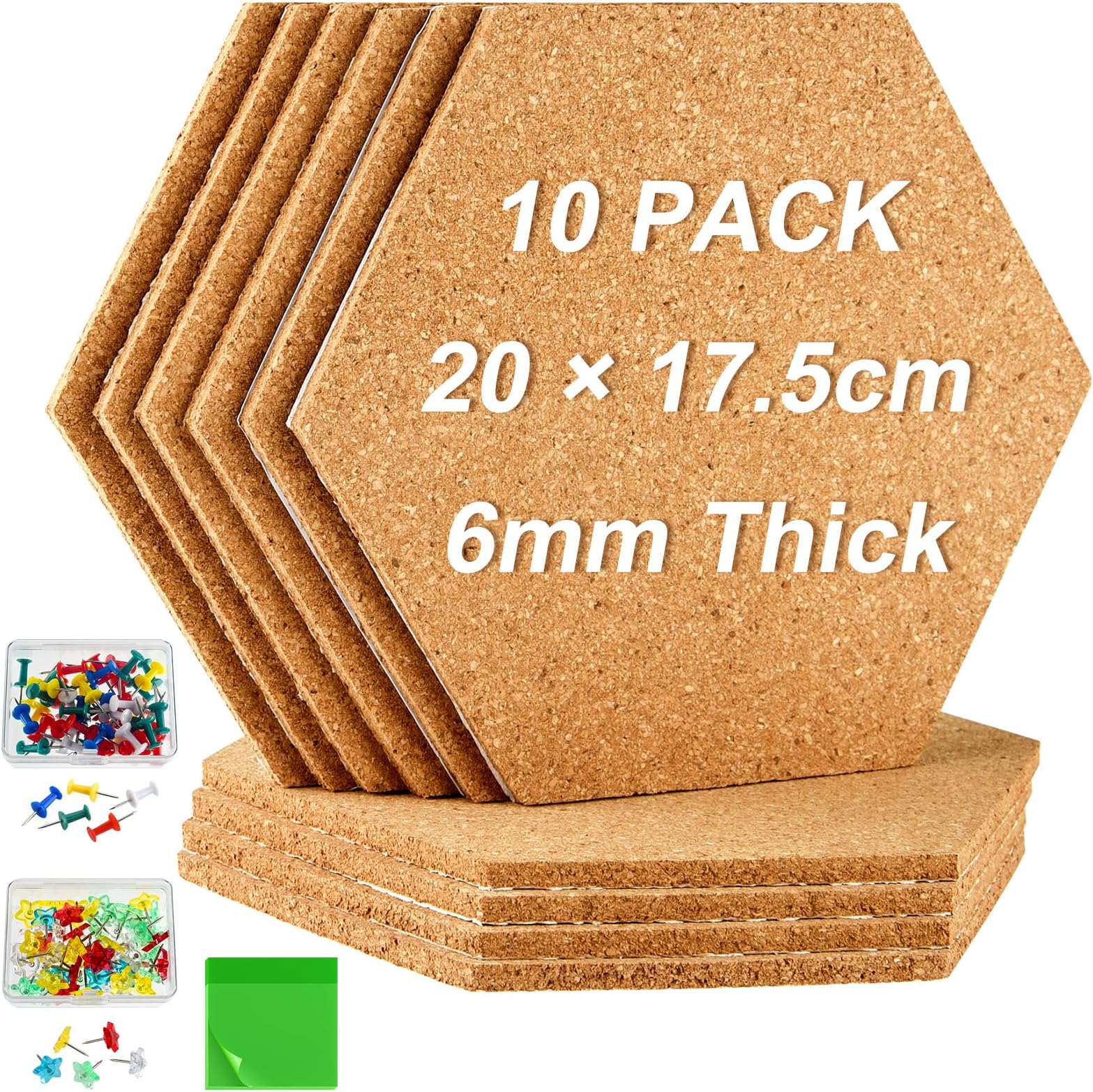 PLULON 10 Pack Cork Boards for Walls Hexagon Cork Tiles 20 x 17.5cm, 6mm Self Adhesive Bulletin