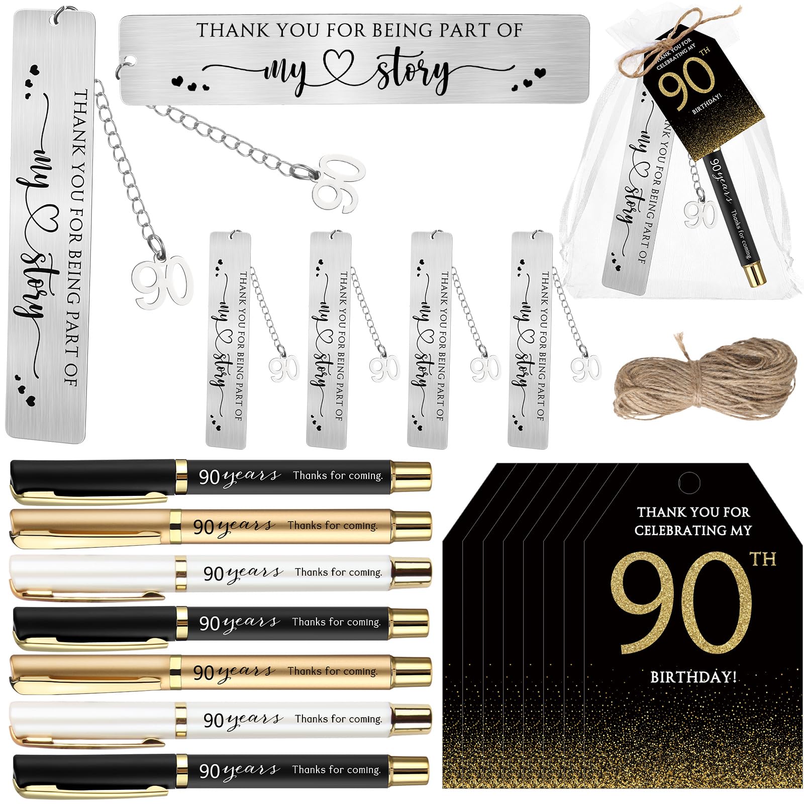 Photo 1 of Sinload 25 Sets Birthday Favors for Guests 25 Thanks for Coming Ballpoint Pens 25 Metal Bookmarks 25 Cards with Organza Bag for Adult Birthday Anniversary Party Souvenir (90th)