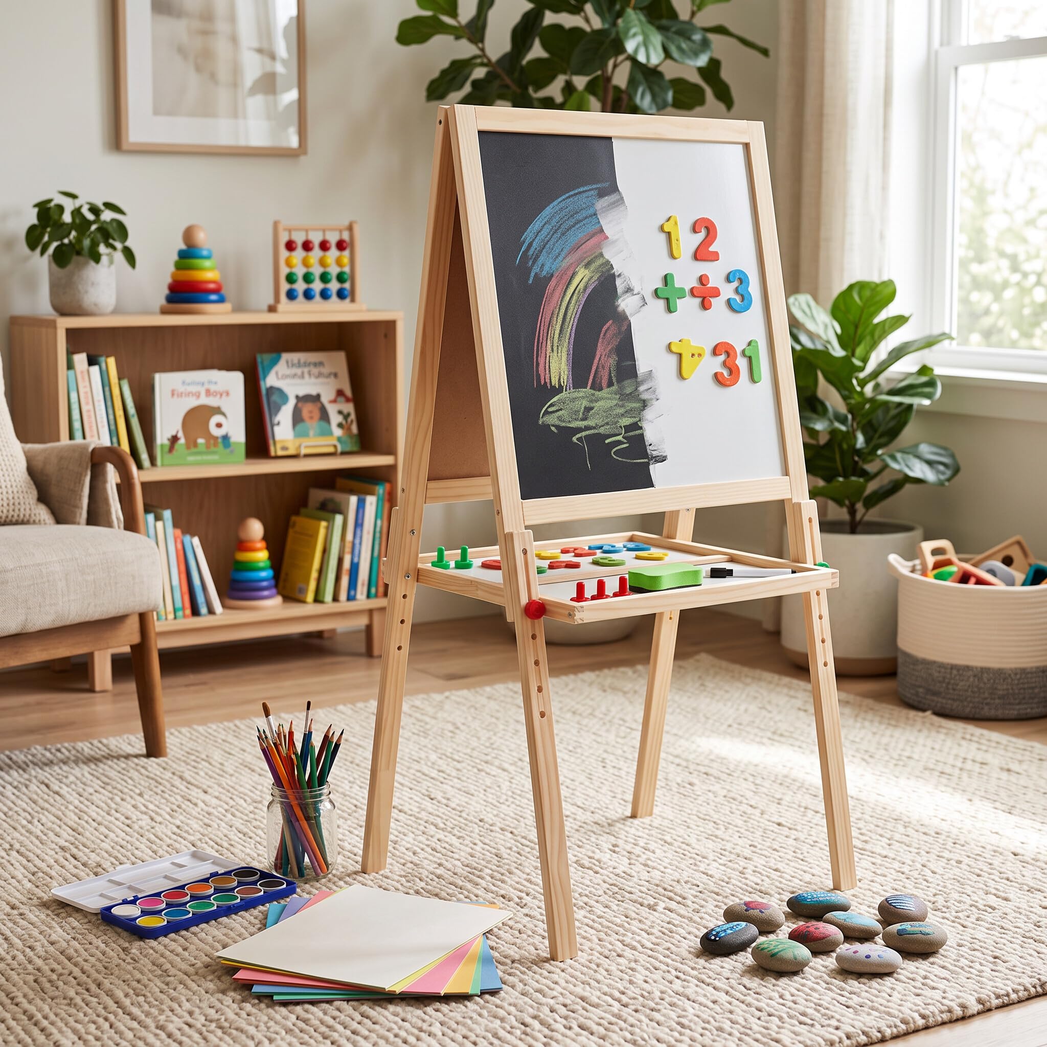 Ejoyous Tableau 2 en 1 en bois pour enfants - Réglable en hauteur - Chevalet magnétique en bois - Tableau de jeu pour enfants à partir de 3 à 12 ans - 65 x 35 x 31 cm