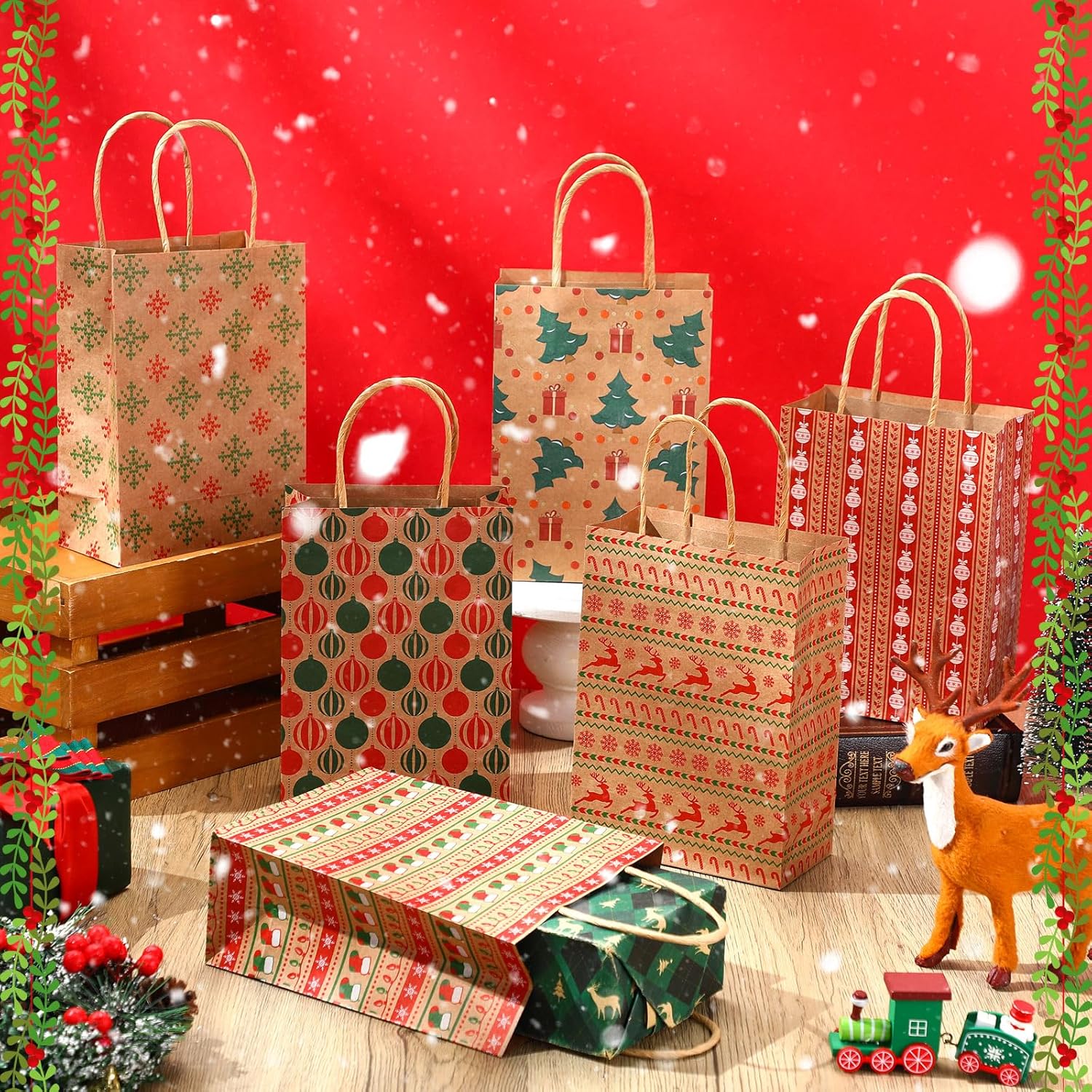 Fulmoon 48 Set Christmas Kraft Gift Bags Bulk Xmas Assorted Paper Gift Bags with Handle Holiday for Presents Xmas Party Favor Supplies Decor