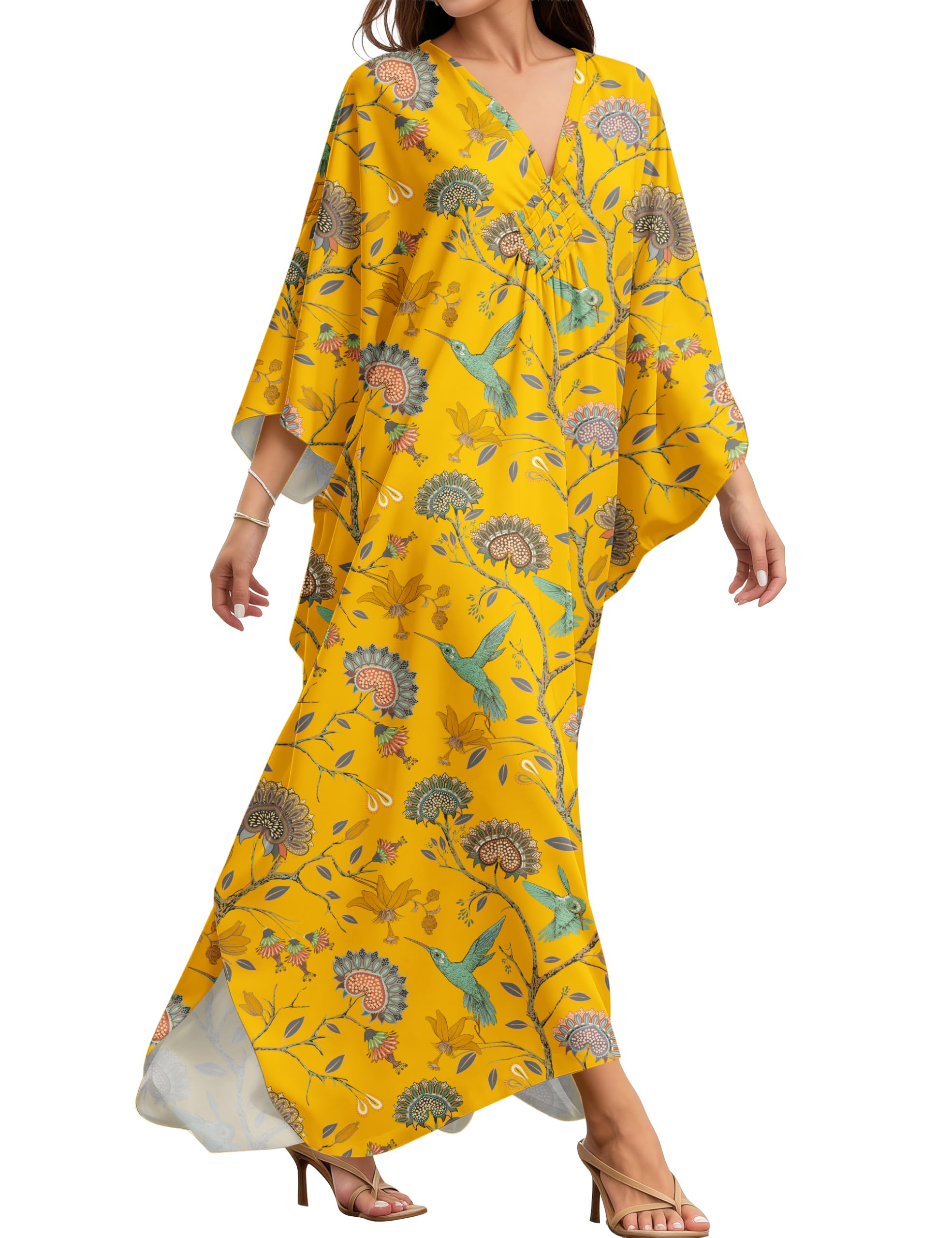 MAKABO Kaftan Dresses for Women, V Neck Moo Moos Colorful Print Cover Ups Caftan Beach Dresses for Swimwear