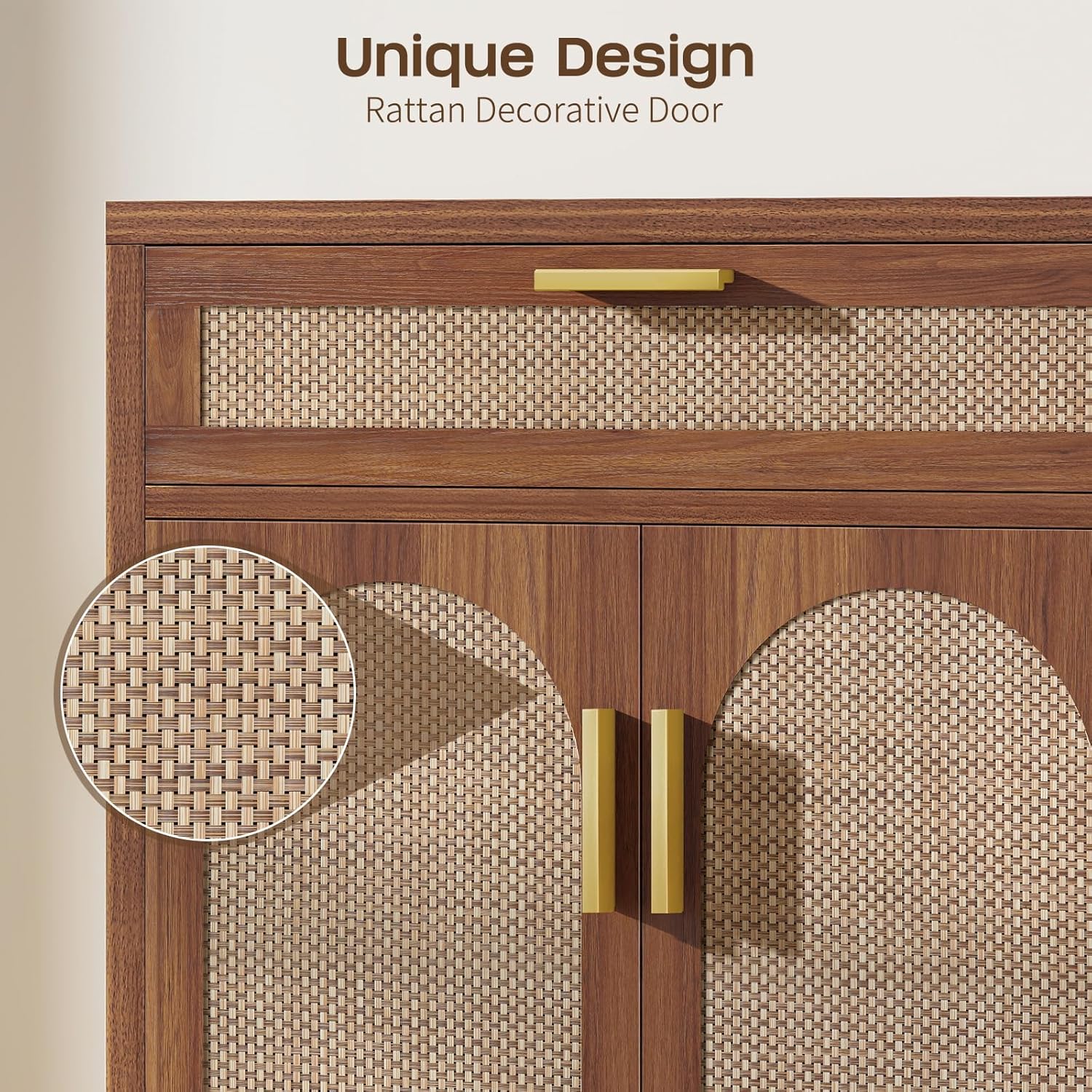 Rattan Buffet Cabinet with Storage, Sideboard Cabinet with Doors and Shelves, Accent Coffee Bar with Drawers, Farmhouse Kitchen Storage Cabinets, credenza for Entryway, Living Room Walnut