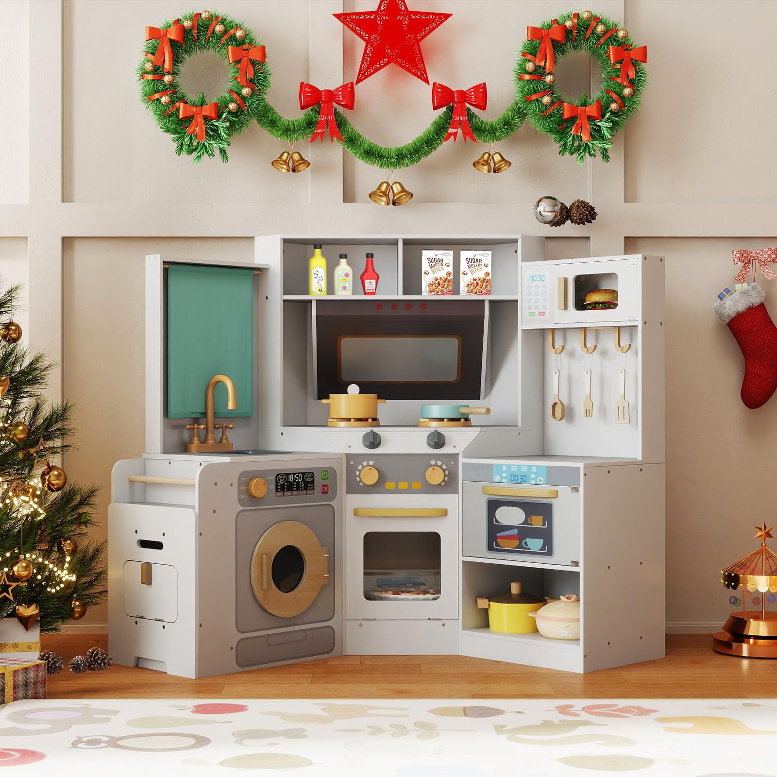 COSTWAY Cucina Giocattolo Angolare in Legno, Set di Cucina Giocattolo per Bambini con Pattumiera Estraibile, Tenda, Lavandino, Fornelli, Microonde, Forno, Lavatrice, per Bambini 3+ Anni (Grigio)