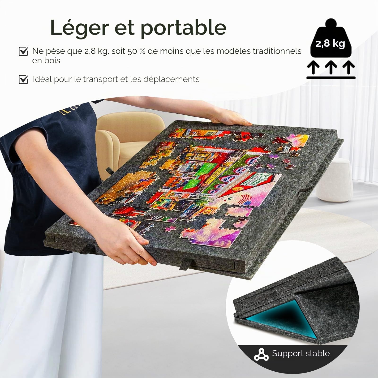 Planche Puzzle 1000 Pieces en Feutre avec 6 Tiroirs, Table Puzzle avec Support et Housse 2 en 1, Puzzle Table Portable pour Adultes, Cadeau de Noël pour Enfants (Noir)
