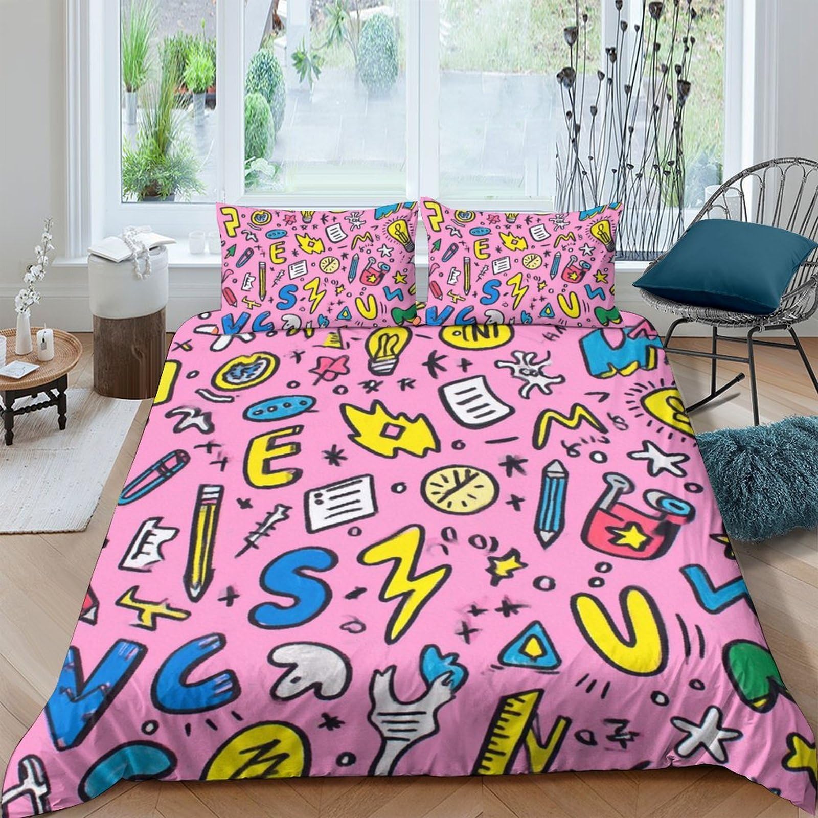 Ctjqhvkz Style-4 3D Printed Cartoon Graffiti Fitted Sheet Microfiber Soft Pink Doodle Mattress Cover For Bedroom Dorm Decorative Use Single（135X200cm）