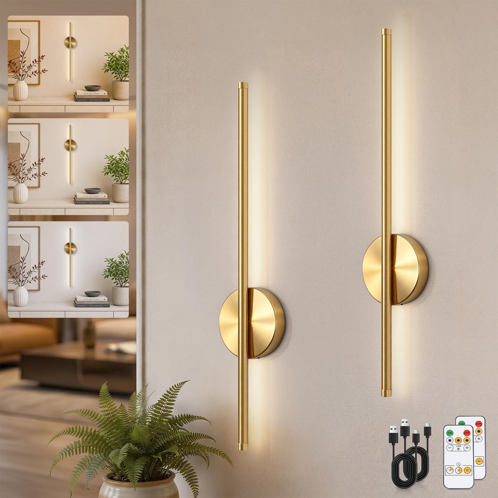 Kimjo Gold Rechargeable Wall Lights, 4400mAh Battery Powered Wall Lamps Indoor, Wireless Wall Sconces with Remote, Dimmable Wall Mounted Light for Bedroom, Dining Room, Living Room, 2 Packs