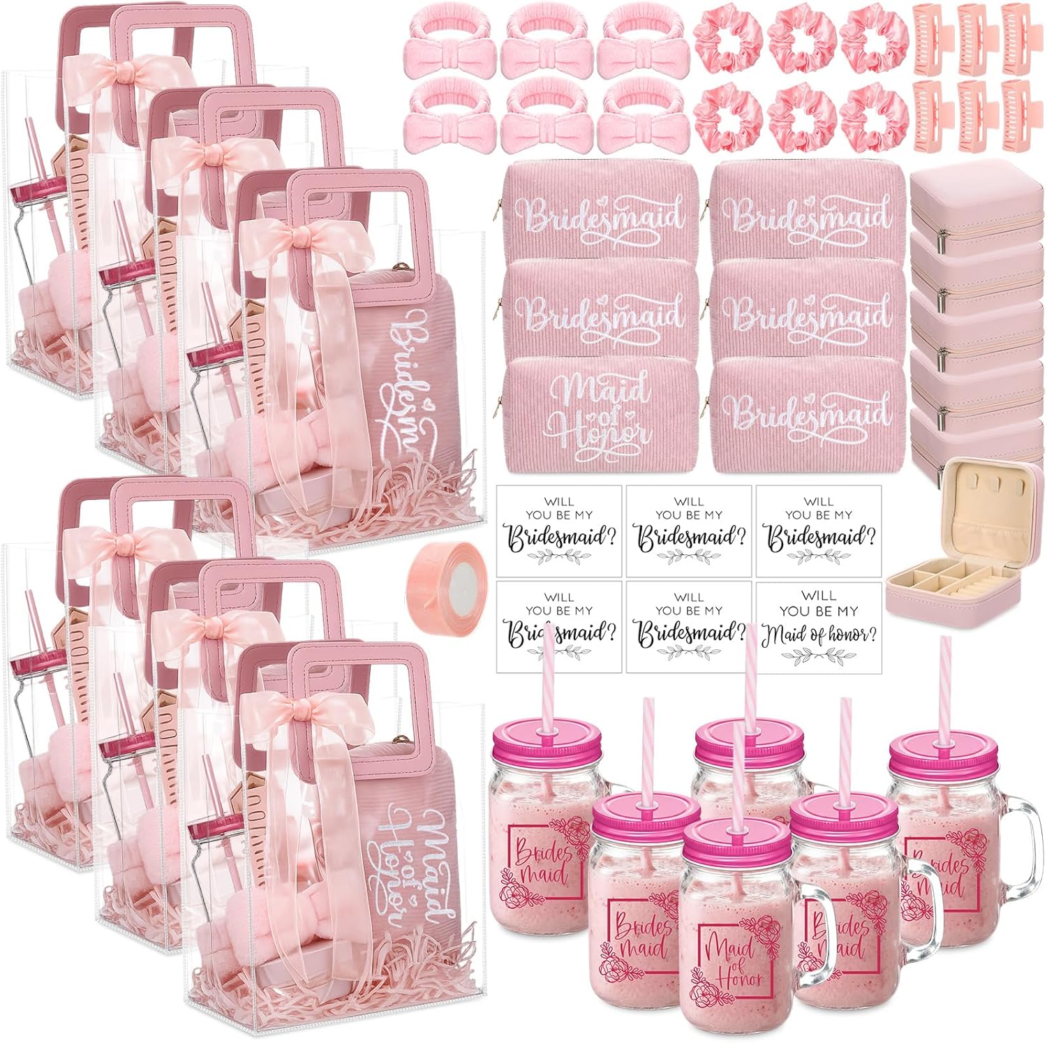 Suncalla 55pcs Bridesmaid Proposal Gifts Set 6 Bridesmaid Gift Set with Gifts Bag Embroidery Makeup Bags Mason Jars with Handle Hair Ties Clips Jewelry Box Headbands(Pink)