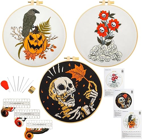 Kit de iniciación de bordado gótico de Halloween para principiantes y adultos, kit de punto de cruz estampado para adultos principiantes, 3 aros de