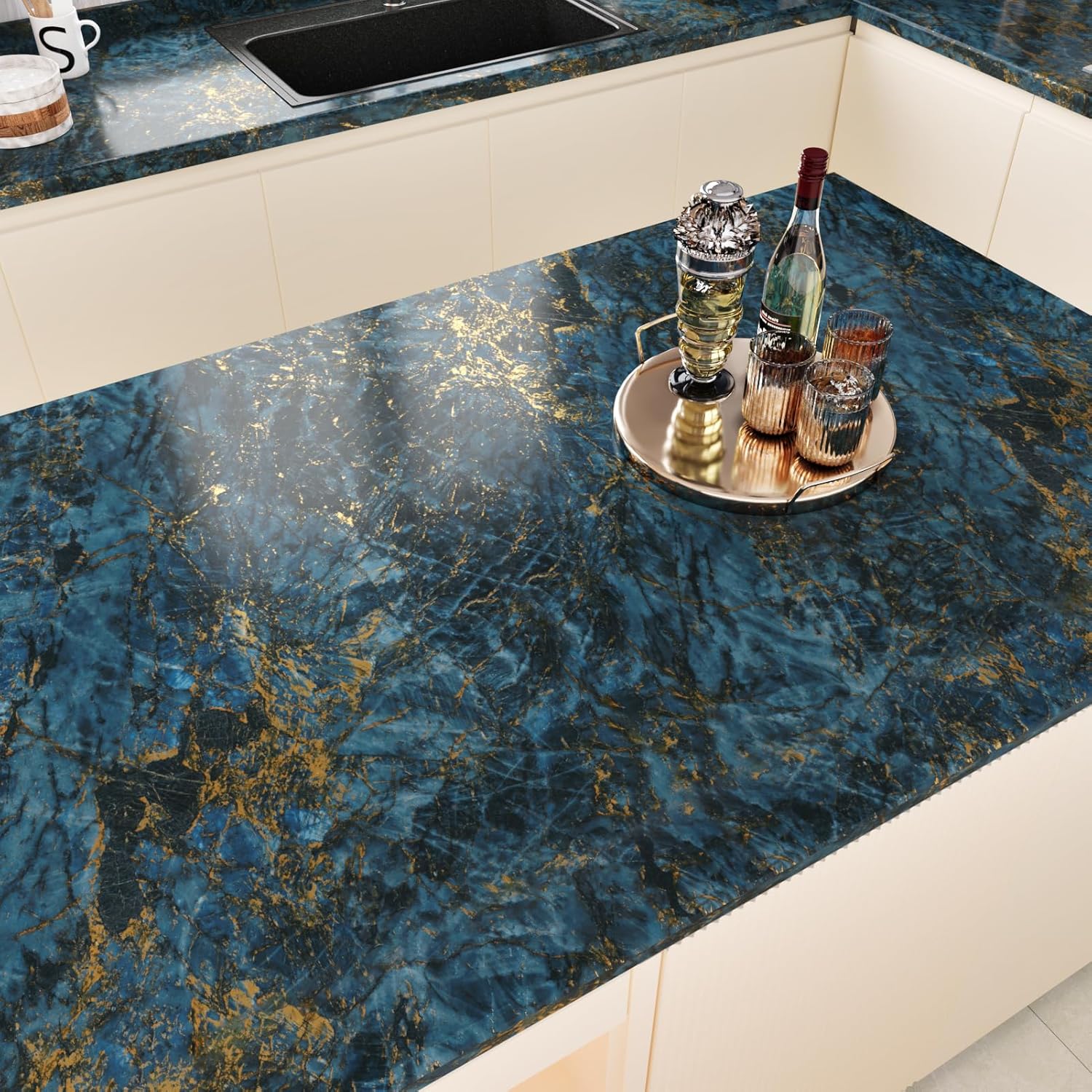 Dark Blue Marble Contact Paper Waterproof Matte Cracked Blue Marble Wallpaper Peel and Stick Kitchen Countertops Removable Thick Granite Vinyl Wrap for Tables Cabinets Shelf Liner 17.7"x120"