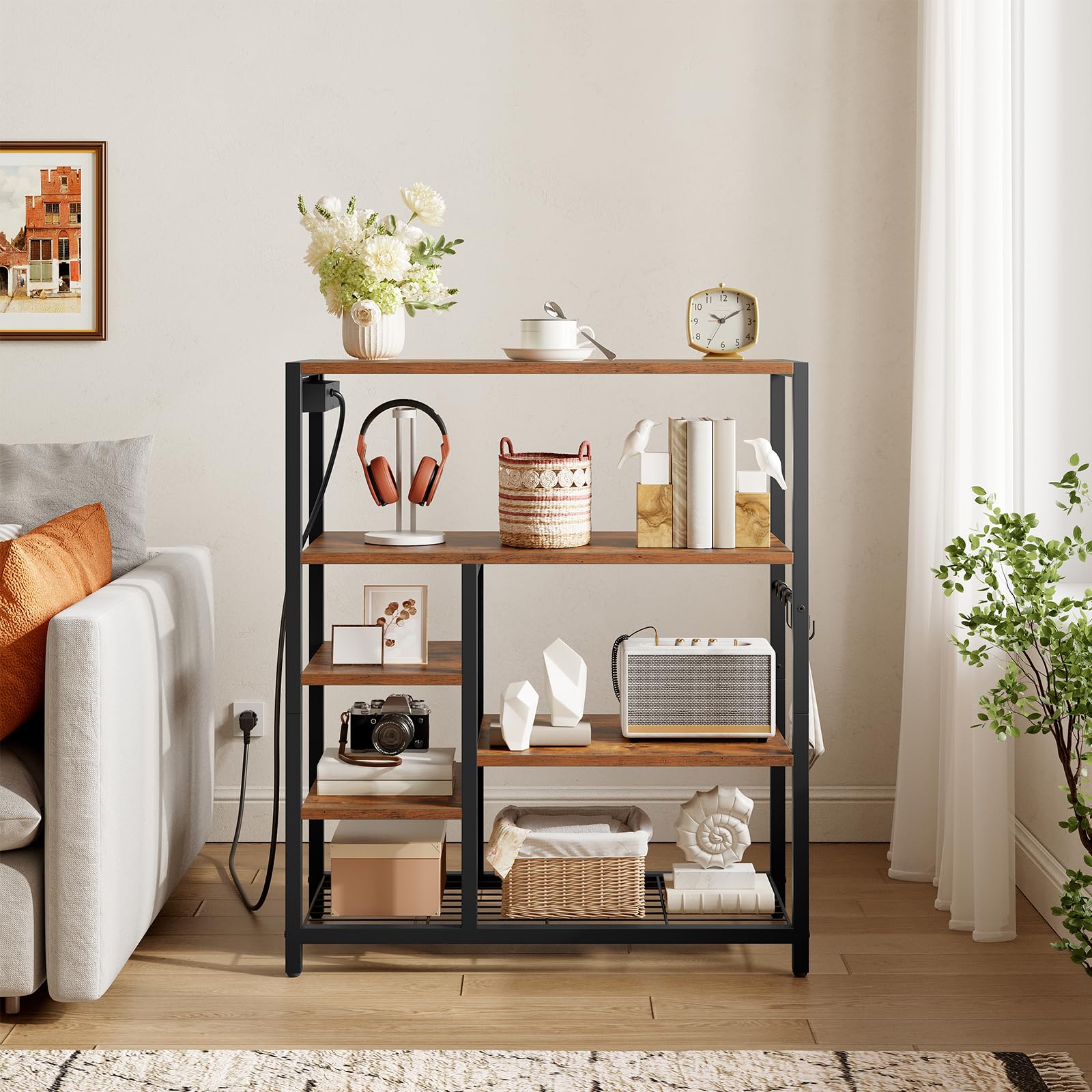 HOOBRO Küchenregal mit Steckdosenleiste (3 AC-Steckdosen mit Schalter), Standregal, Mikrowellen-Regal mit 3 abnehmbaren S-Haken, 5 Ebenen, für Küche und Wohnzimmer, Vintagebraun und Schwarz EBF25CHB01