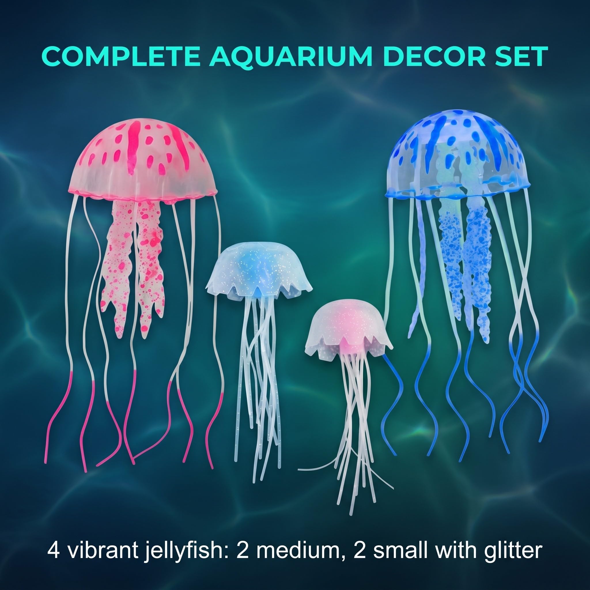 Meduse Artificiali per Acquario, Decorazioni Fluorescenti in Silicone Morbido, 4 Pezzi 2 Medie e 2 Piccole