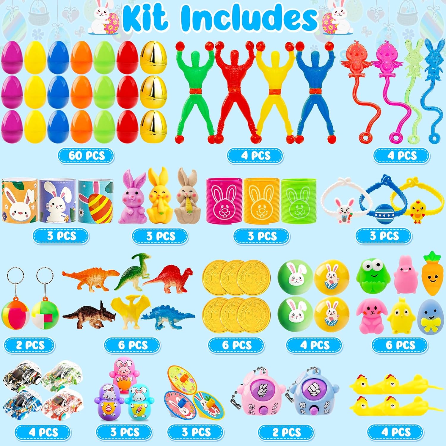 WOWSCAN [6 Surprise Golden Eggs] 60 PACK Prefilled Easter Egg Fillers with Novelty Toys Inside, Easter Basket Stuffers Classroom Prizes Supplies Egg Hunt Party Favors for Kids Toddlers Boys Girls