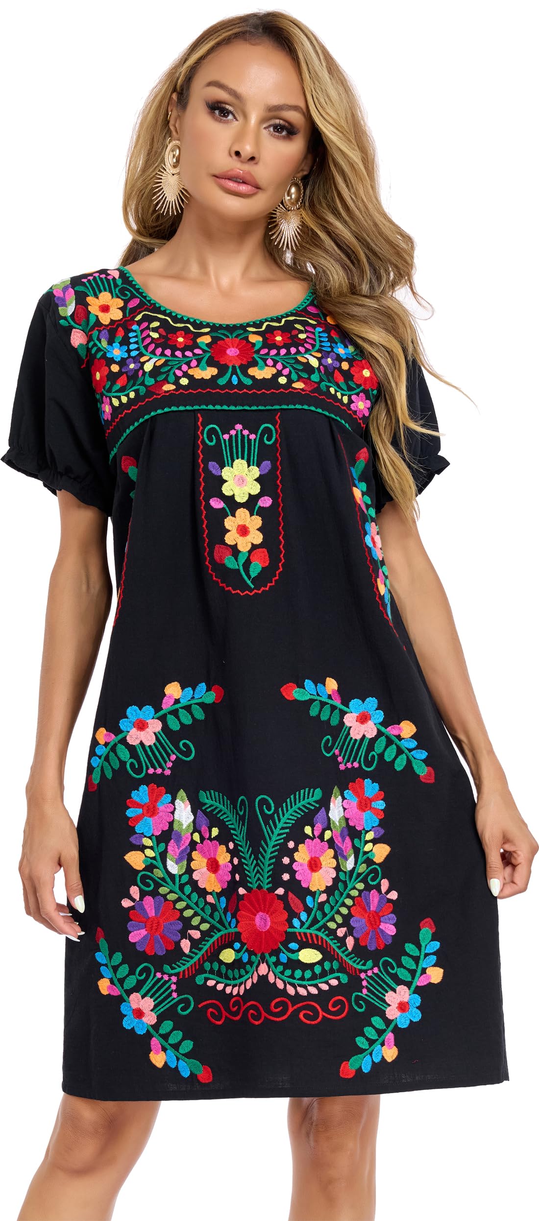 Women Mexican Embroidered Dress Short Sleeve