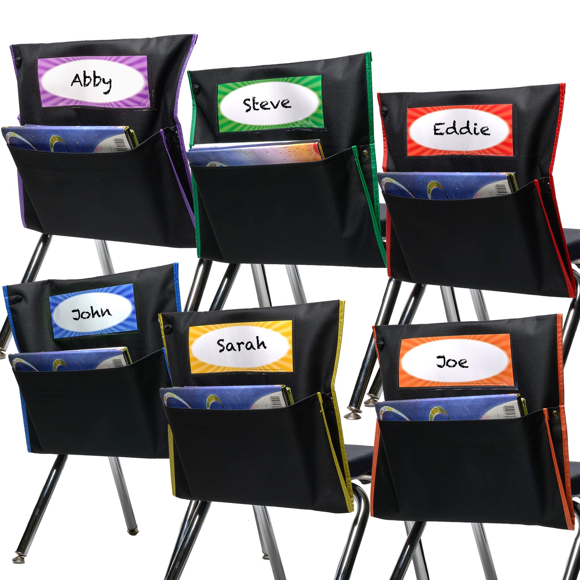 Really Good Stuff Grouping Chair Pockets – Set of 6 - Black with Colored Piping and Name Tag – Classroom Chair Organizer Keeps Students Organized and Classrooms Neat -Black with Piping in 6 Colors