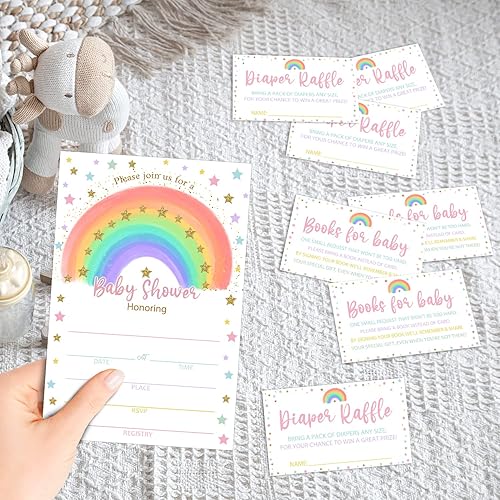 Miniatura 4 de Tarjetas de invitación de baby shower boho arcoíris con sobres, boletos para rifas de pañales, juego de 100 piezas para bebé, fiesta de revelación