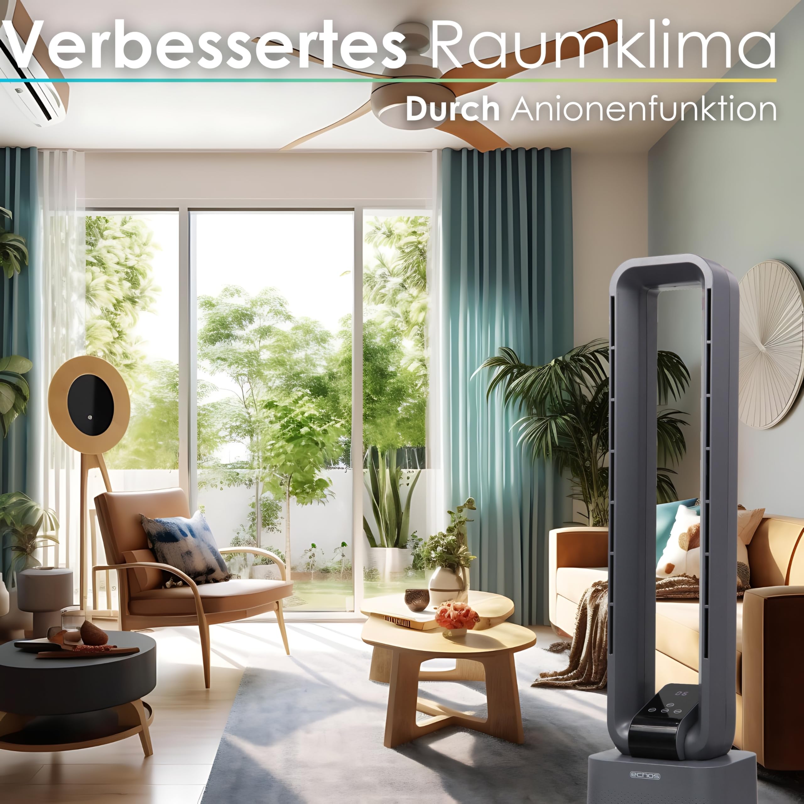 Echos Turmventilator sehr leise Ventilator leise DC Motor Fernbedienung Oszillierend LED-Display 3 Modi 12 Stufen Tower-Ventilator Säulenventilator Standventilator Luftkühler 15h Timer Tower Fan