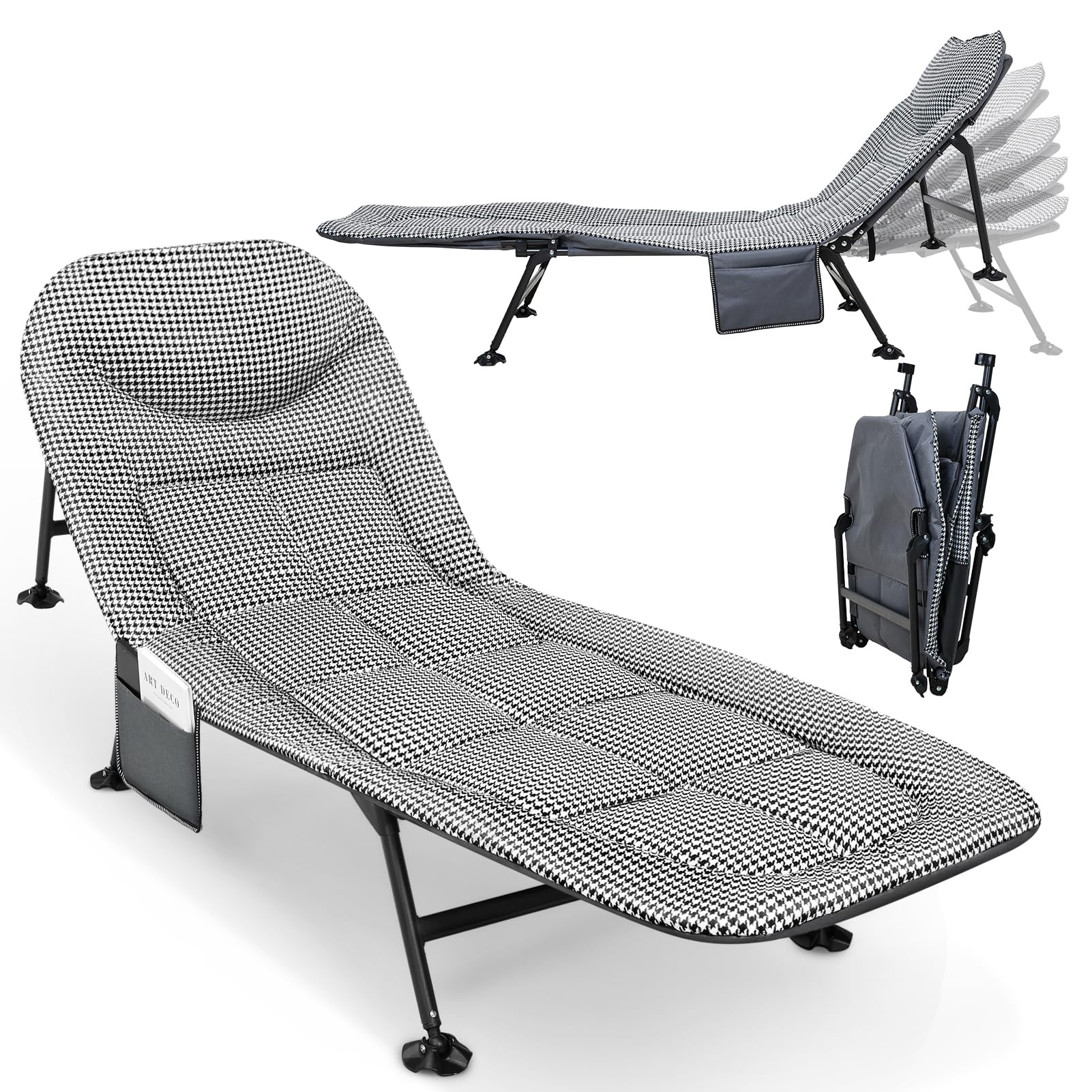 Warmiehomy Sun Lounger Reclining Garden Chair with Side Pocket Folding Fishing Bedchair 5 Gear Adjustable Outdoor Sunloungers with Headrest Portable Sunbathing Chair,Houndstooth