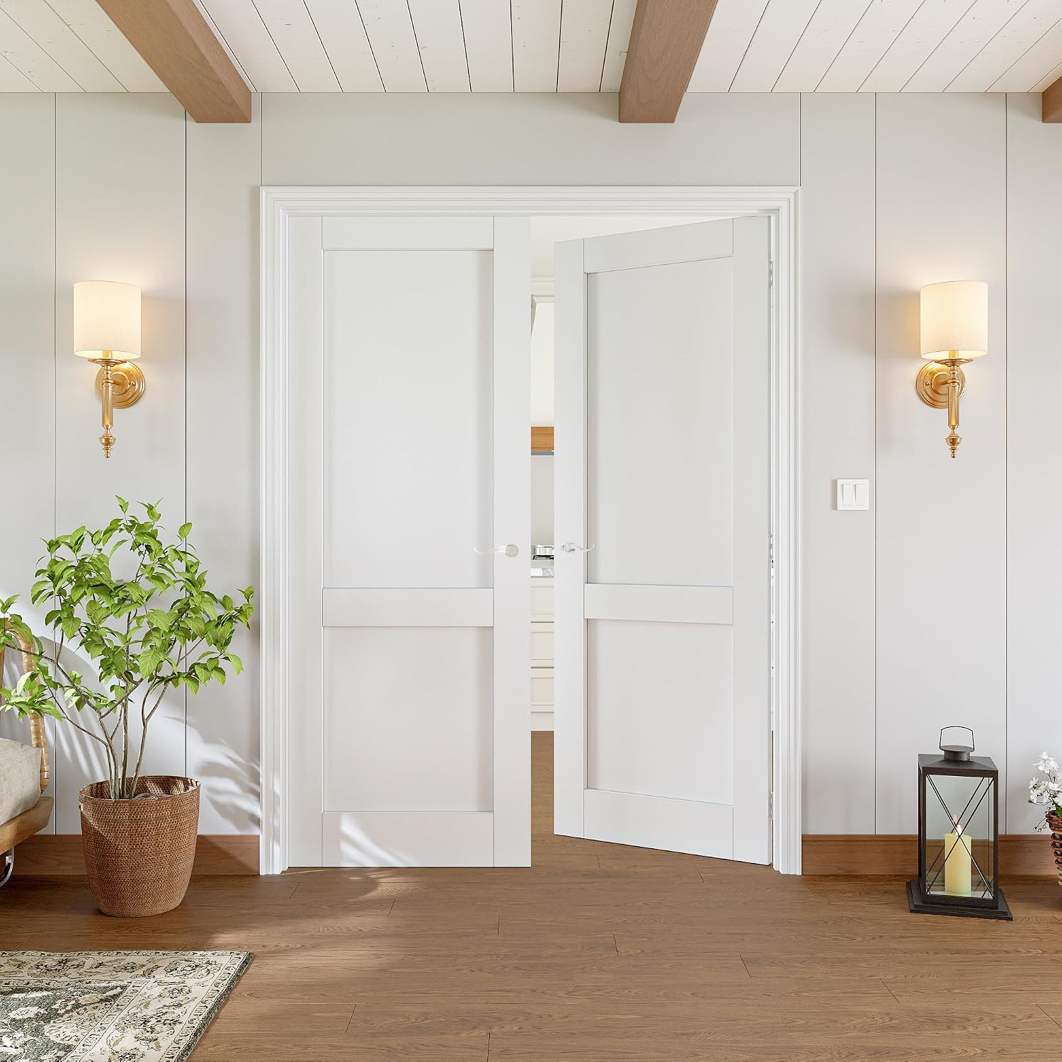 72x80 inch 2-Panel Interior French Door White Prime Frosted Solid Core with French Door Accessories(Silver Hardware)