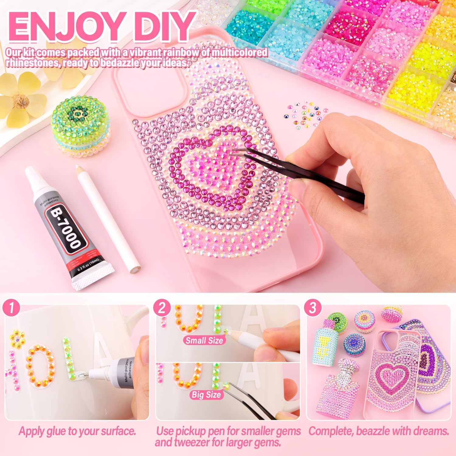 Bedazzling Kit, 32000Pcs Colorful DIY Resin Rhinestone Bedazzle Kit for Bedazzling, 3mm Resin Jelly Rhinestones Flatback Gems with B7000 Glue for Diamond Art, Nails, Crafts, Clothing, Tumblers - 3