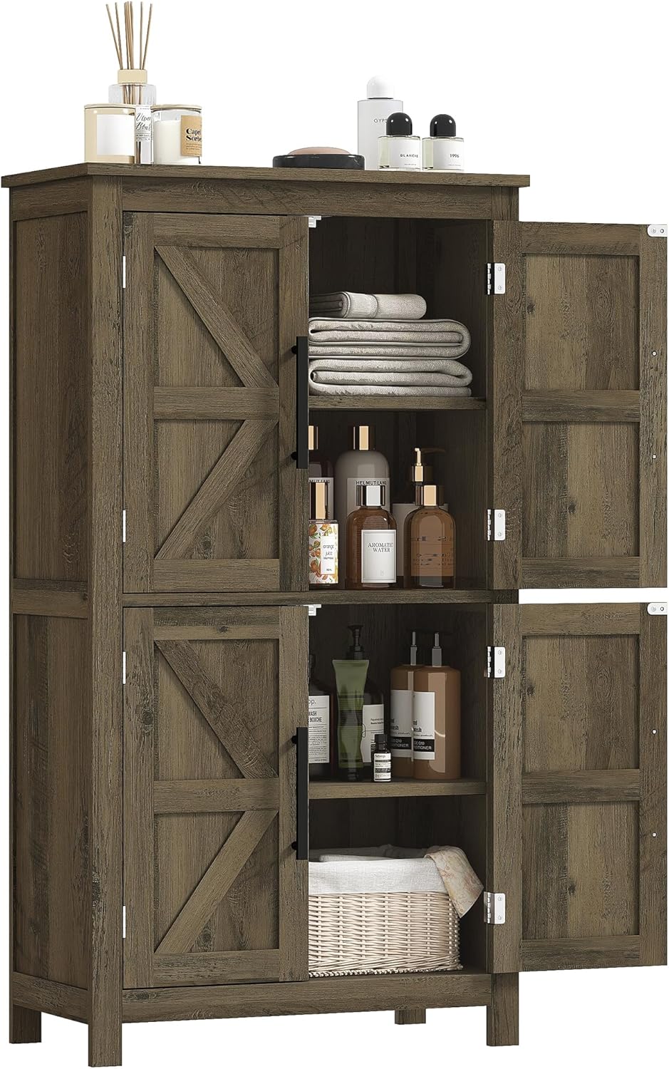 HOMCOM Farmhouse Bathroom Storage Cabinet with 4 Barn Doors, Bathroom Floor Cabinet with 2 Adjustable Shelf, Freestanding Storage Cupboard, Brown