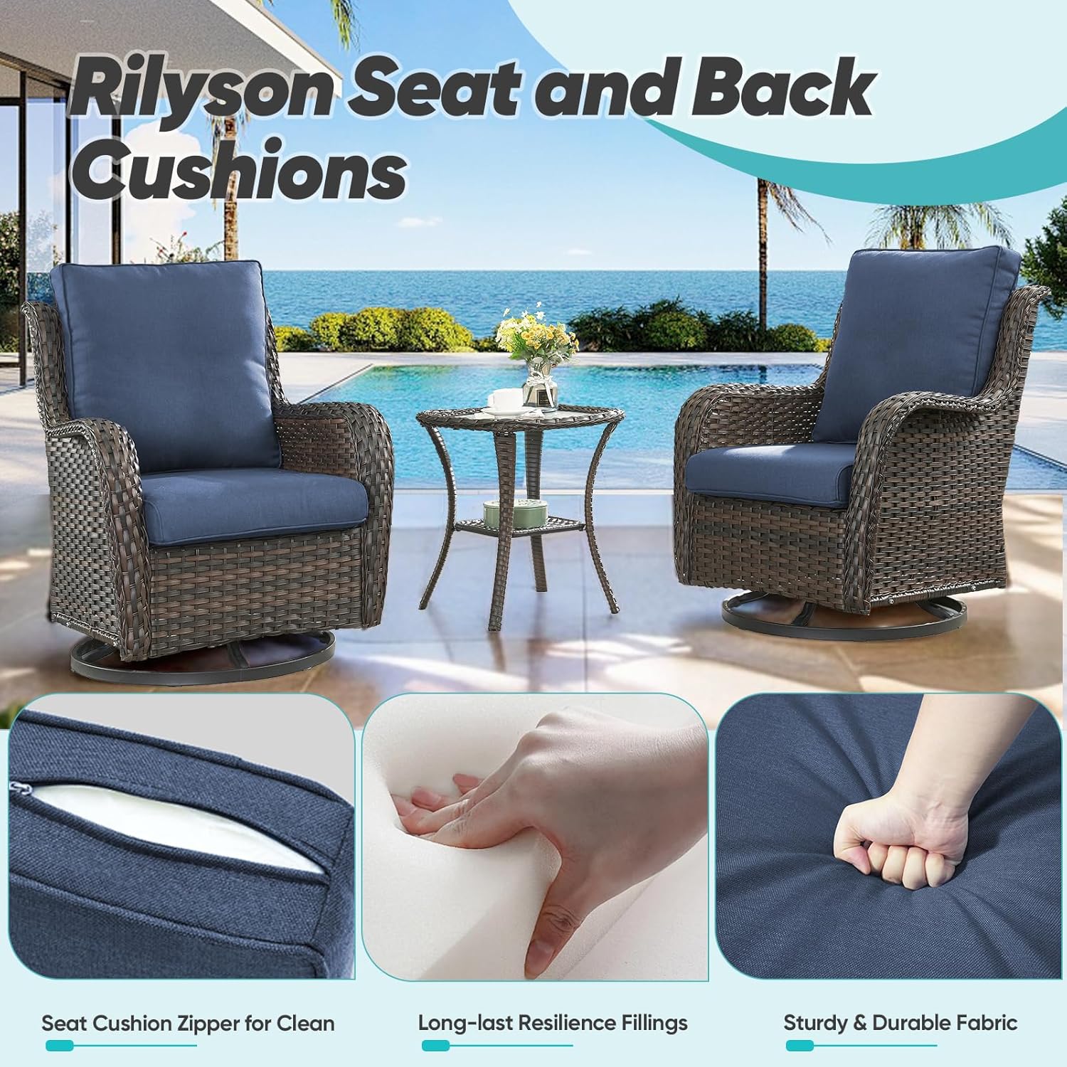 Rilyson Patio Cushions for Outdoor Furniture - 22×24 Inches High Back and Deep Seating Outdoor Cushion for Patio Chairs Sofa Couch Loveseat Water Resistant(Blue/2 Set/No Button)
