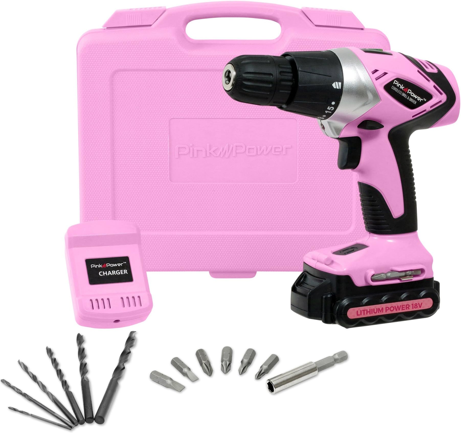 Pink Power PP181LI 18 Volt Lithium-Ion Cordless Electric Drill Driver Kit for Women- Tool Case, Drill Set, Battery & Charger