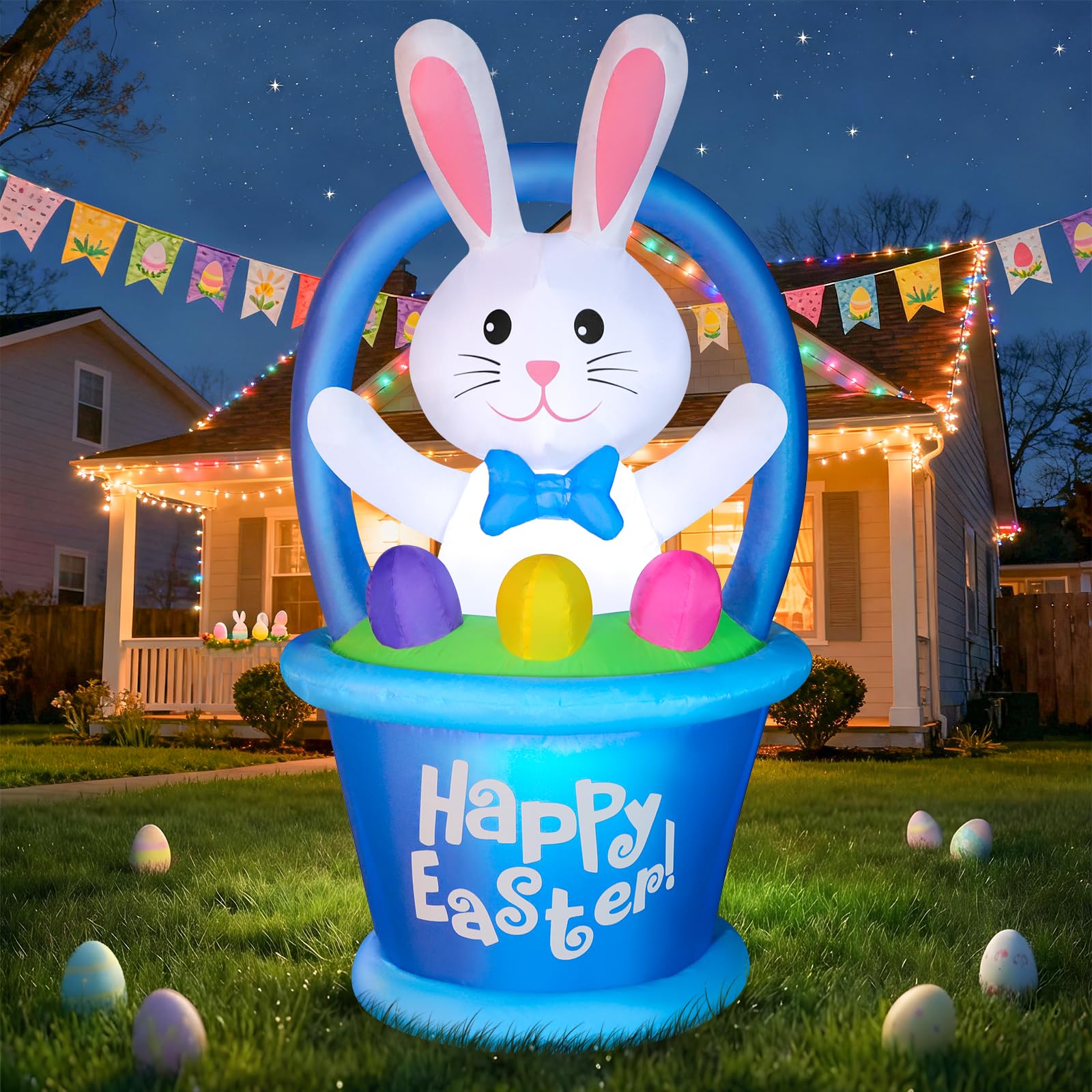 Lapin gonflable de Pâques 1m20 avec panier bleu et lumières LED de jardin