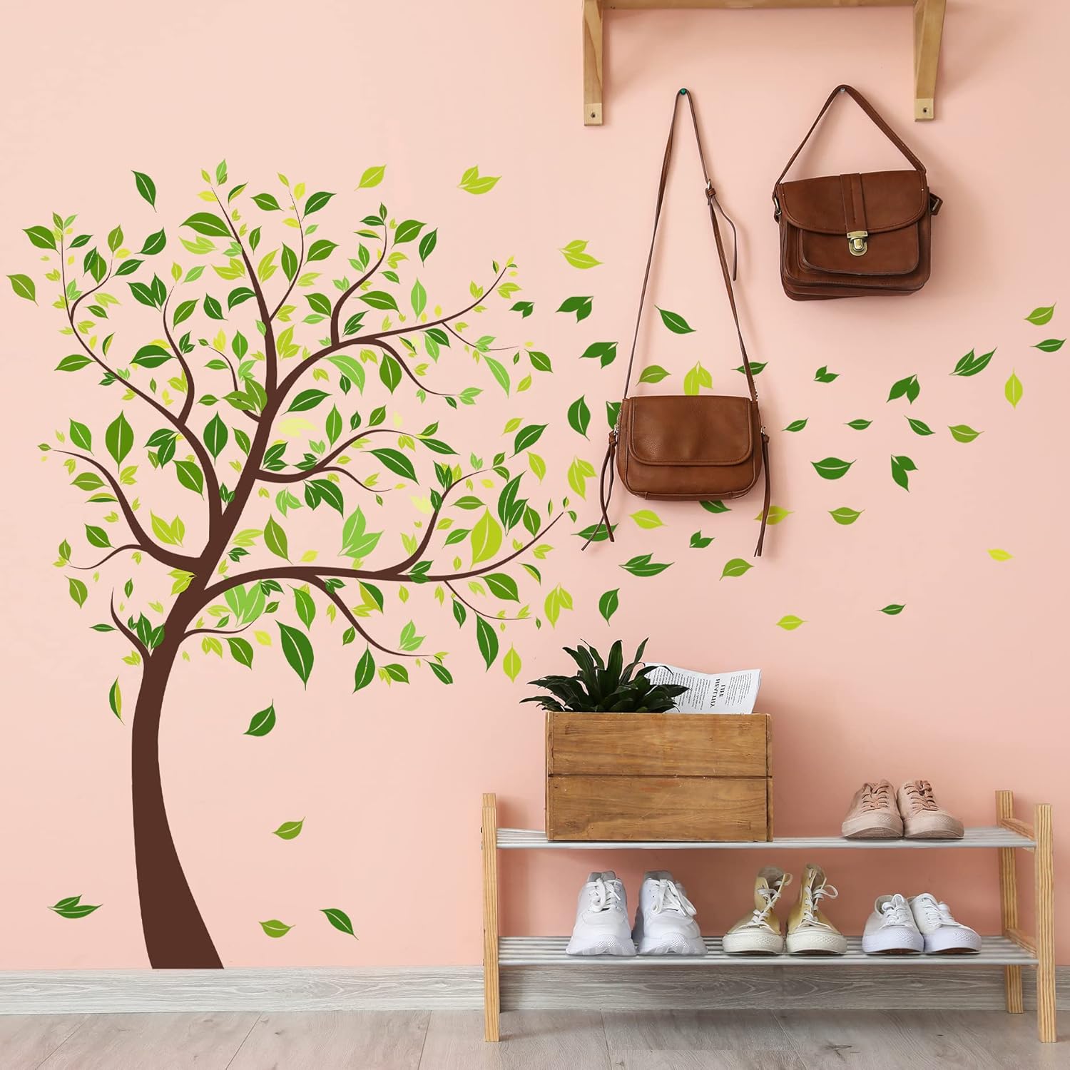 RW-2196 Giant Green Tree Wall Decals Large Tree Branches Leaf Wall Stickers DIY Removable Brown Trees Fallen Leaves Photo Wall Art Decor for Kids Women Bedroom Living Room Nursery Office - Image 5
