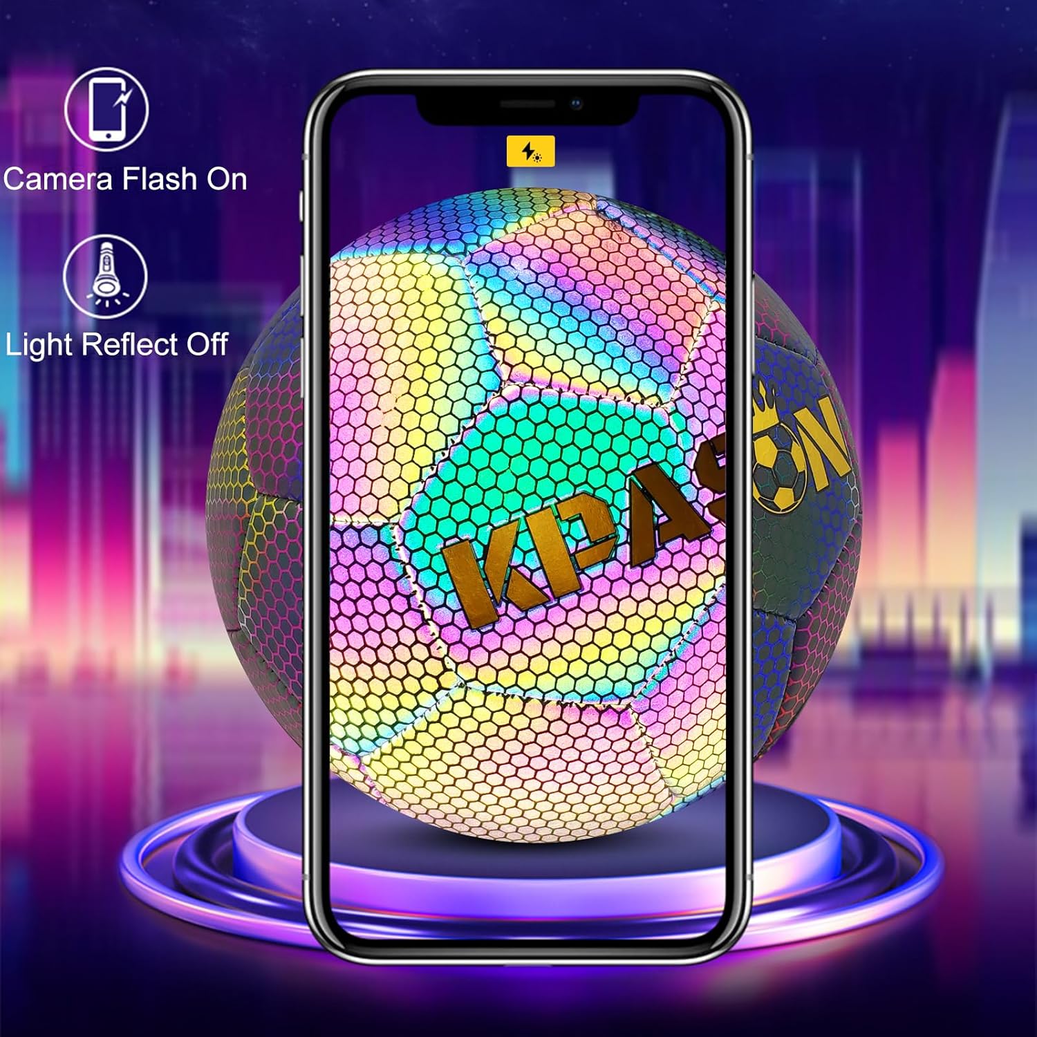 Soccer Ball, Holographic Reflective Glowing Soccer Ball Size 4/5 for Men Women Training, with Pump and Carry Bag