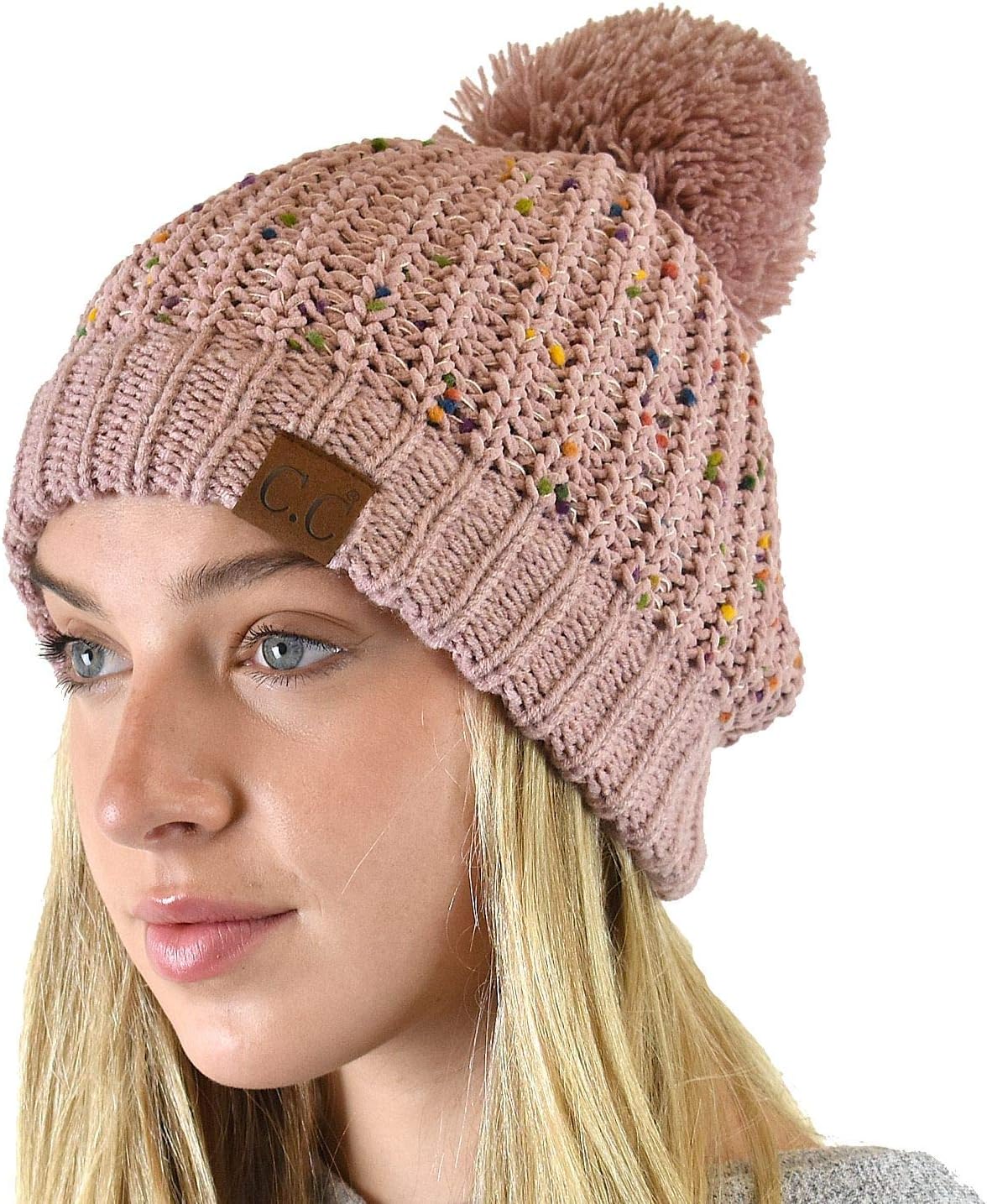 C.C Soft Winter Warm Confetti Knit Chenille Pom Beanie Hat