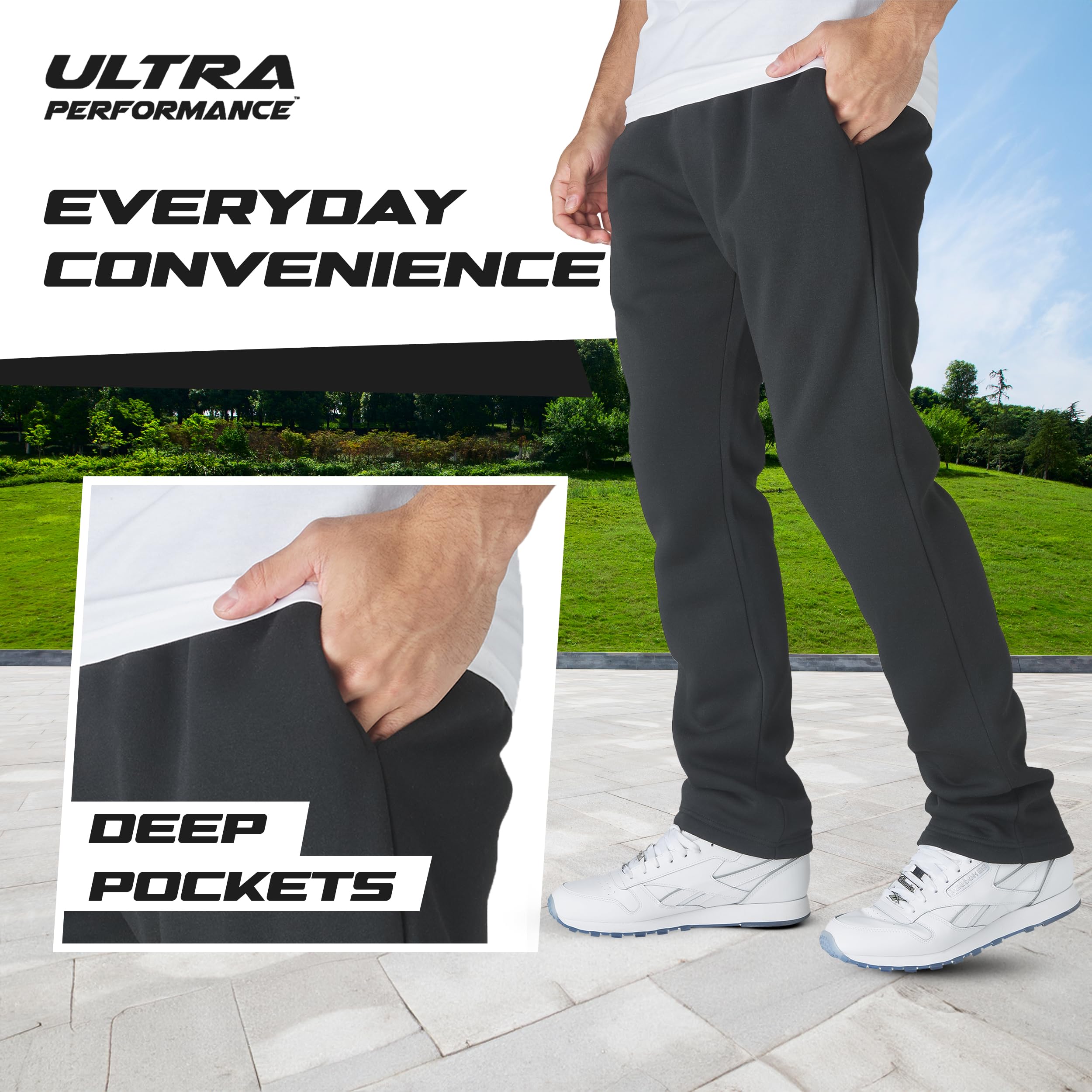 Ultra Performance 3 Pack Mens Fleece Wide Leg Sweatpants with Pockets, Open Bottom Workout Sweatpants for Men