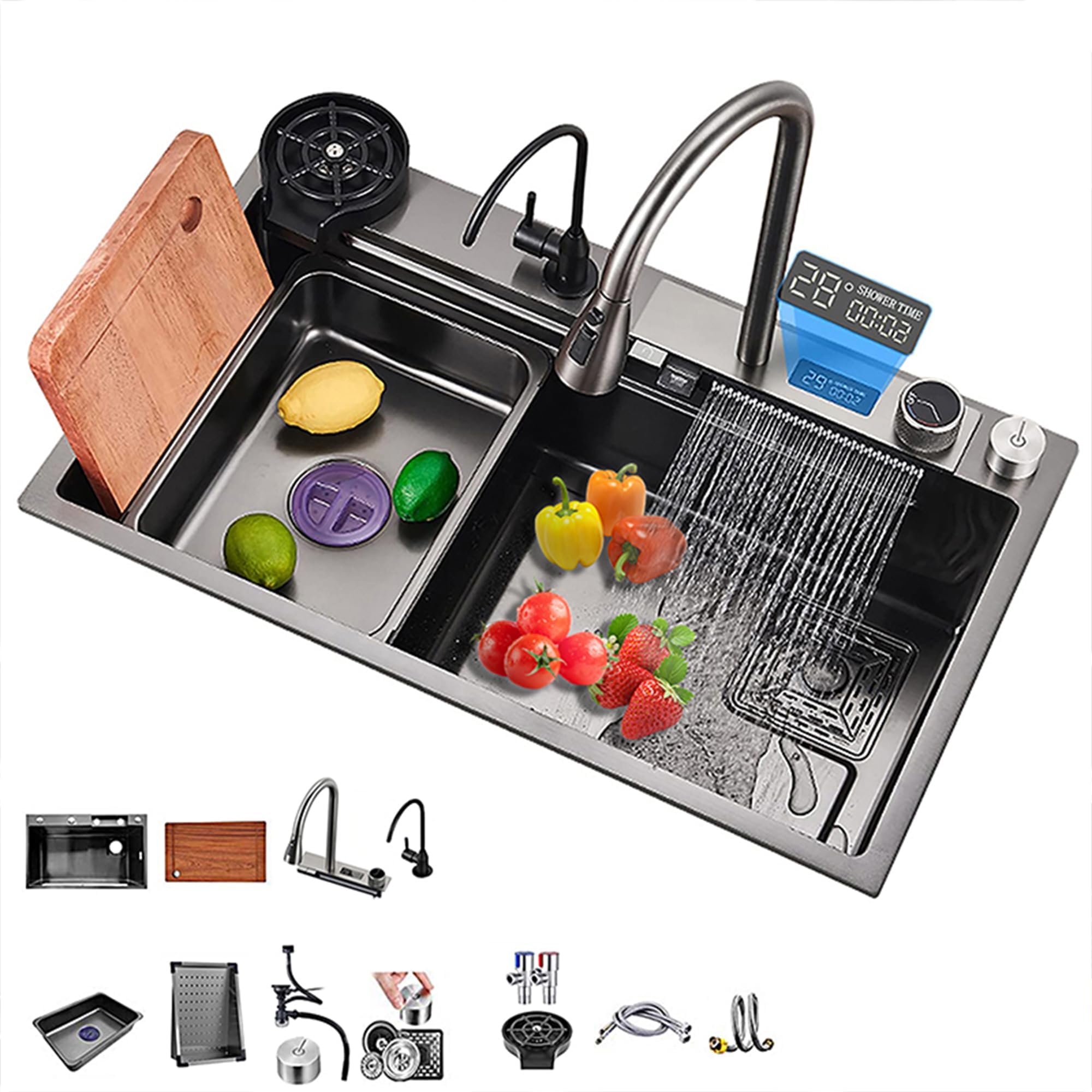 Robinet de pluie en cascade et affichage digital pour cet évier de cuisine inox 304 gris