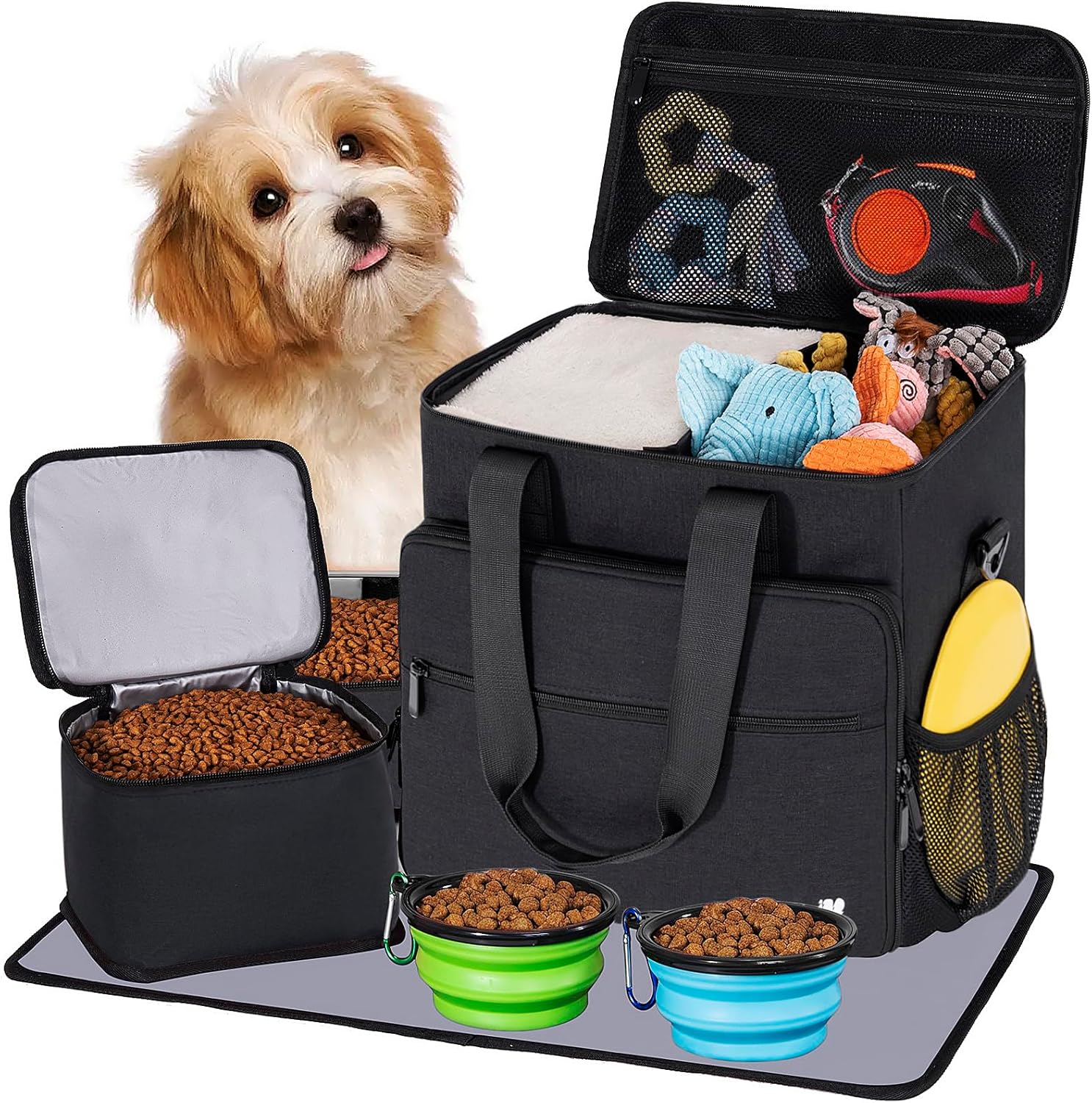 Dog Travel Bag, Large Pet Travel Set with Multi-Function Pockets, 2 Food Storage Containers, 2 Collapsible Bowls, 1 Feeding Mat for Pet Supplies, Road Trip Essentials, Weekend Camping (Black)