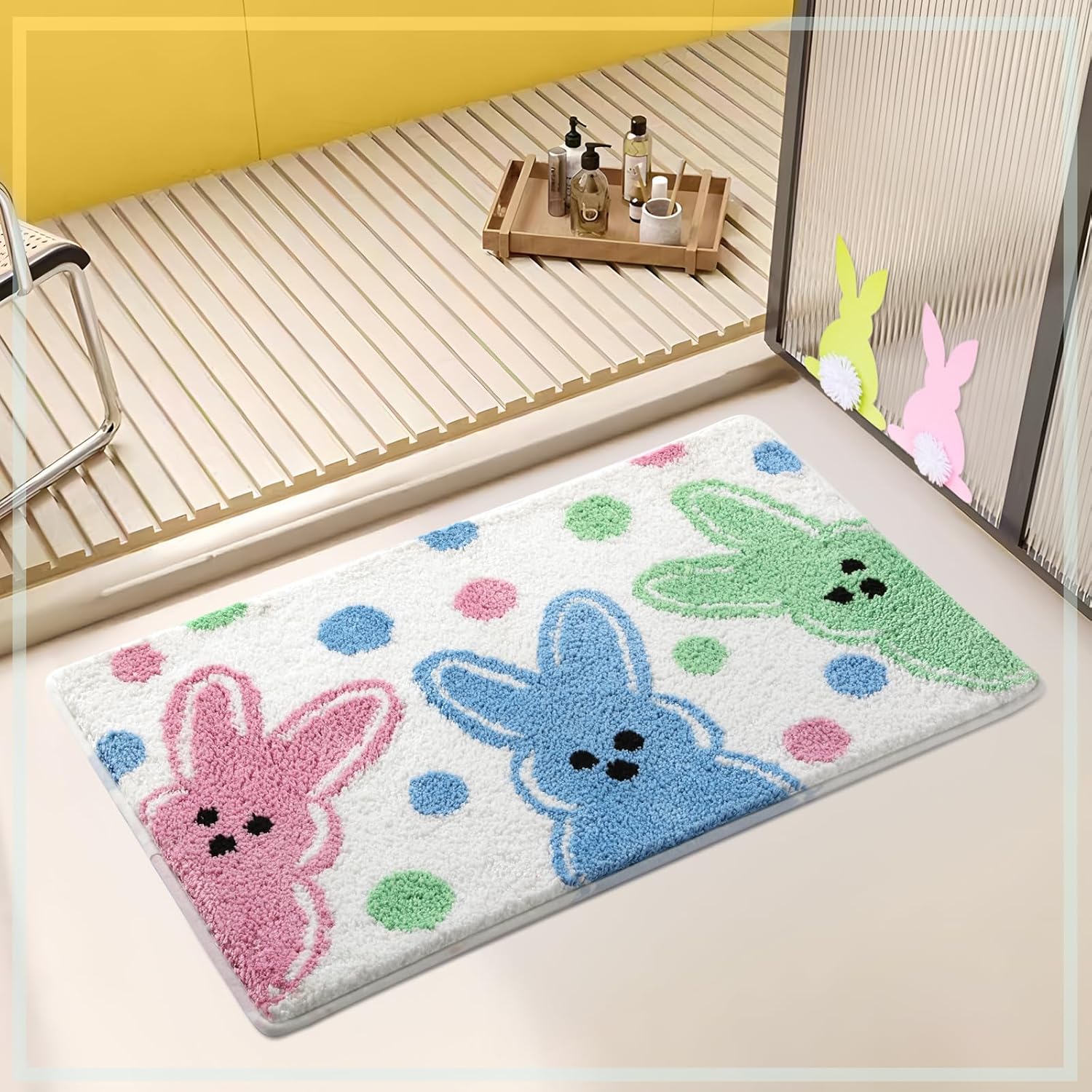 Moutina Easter Peeps Bunny Bathroom Rug 16x24 Inch, Spring Soft and Absorbent Tufted Easter Bath Mat Non Slip Washable, Easter Bathroom Decor Rug Holiday Decorations