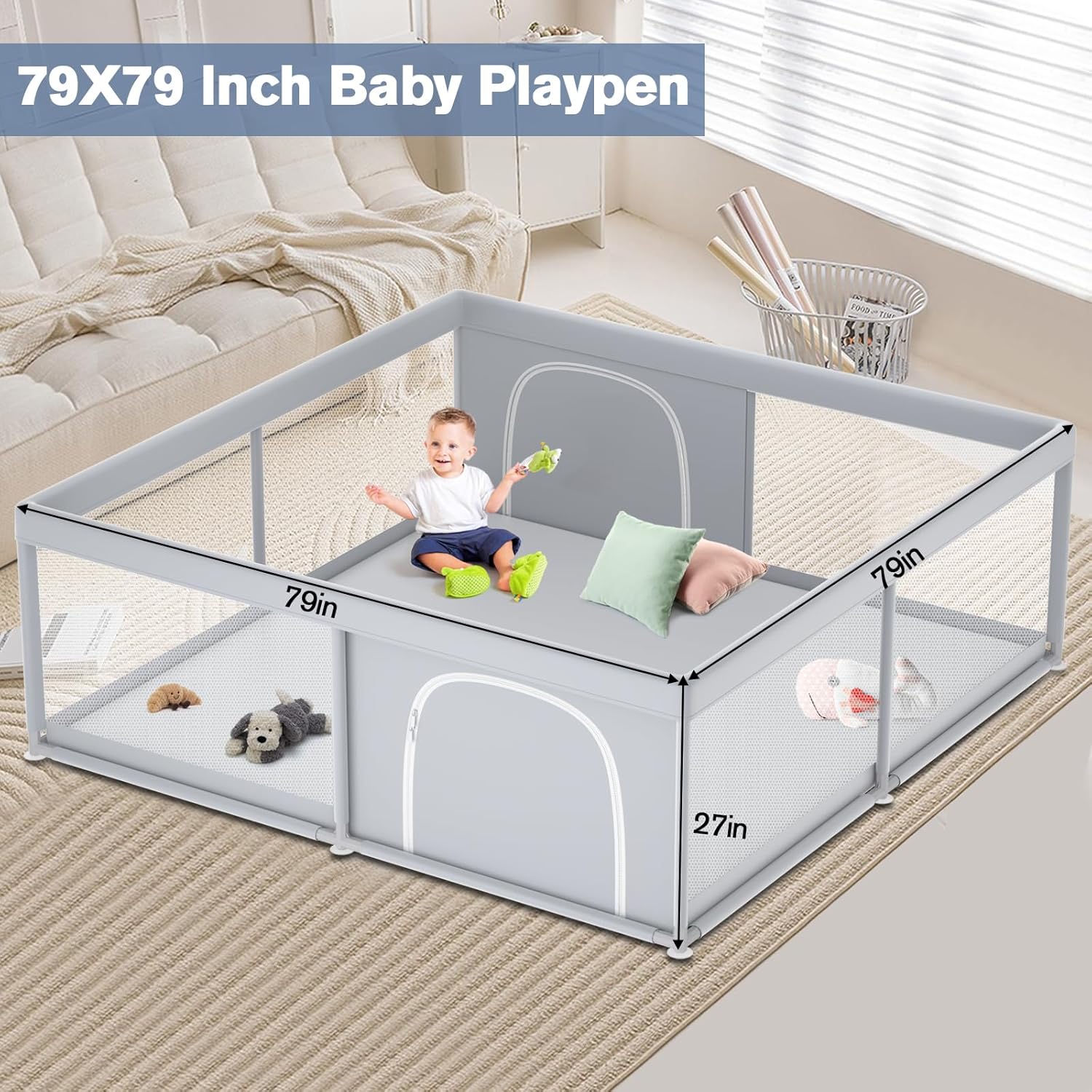 Size 79x79 Color Grey  Extra Large Baby Playpen 79×79 Inch, Playpen with 2 Zipper Door for Babies and Toddlers, Play Pen Pin Indoor Outdoor Baby Play Fence