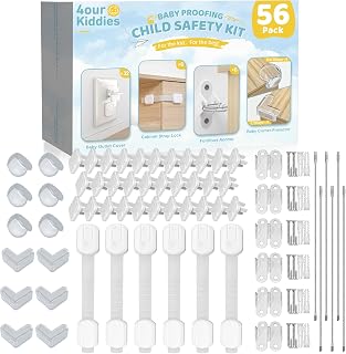4our Kiddies 56 Pack Baby Proofing Kit, 6 Child Proof Cabinet Locks, 32 Outlet Covers, 6 Anti-Tip Furniture Anchors and 12 Corner Protectors, Child Safety Essentials to Protect Kids at Home