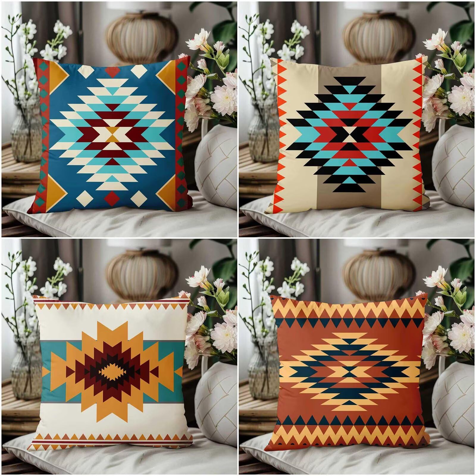 Heaen Outdoor Cushions Covers Waterproof 55x55 cm Set of 4 Square Linen Pillow Cases Yellow Blue Geometric Decorative Dushions for Sofa Porch Patio Home Decor