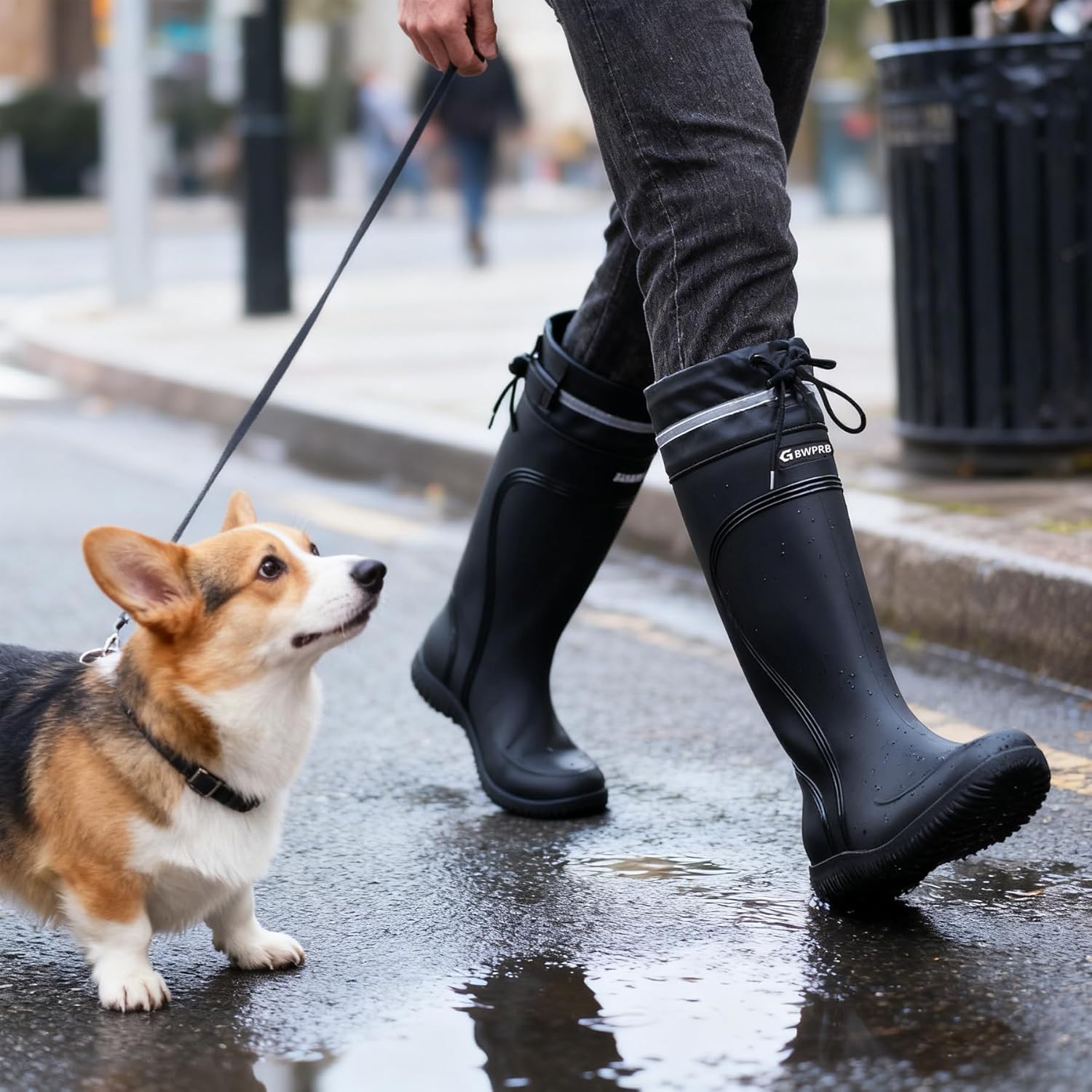 Mens Rain Boots Knee-High Waterproof with PVC Strap Boots Slip Resistant Muck Shoes for Outdoor Work Fishing Gardening Wet Environments