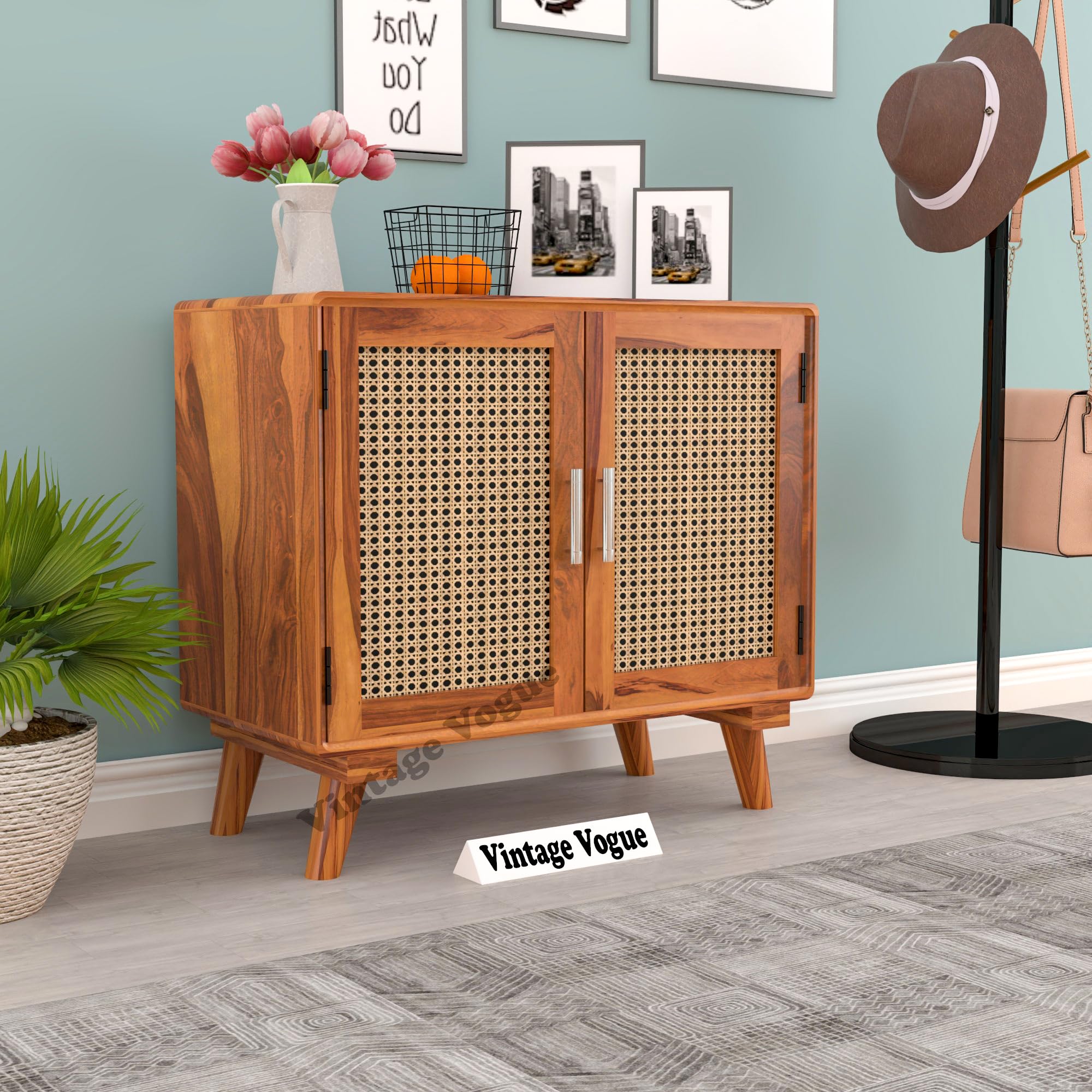 Solid Sheesham Wood Wooden Sideboard Cabinet with 2 Door & 2 Shelves Storage Cabinet - for Living Room & Bedroom Storage (Watson, Honey Finish)-image-35