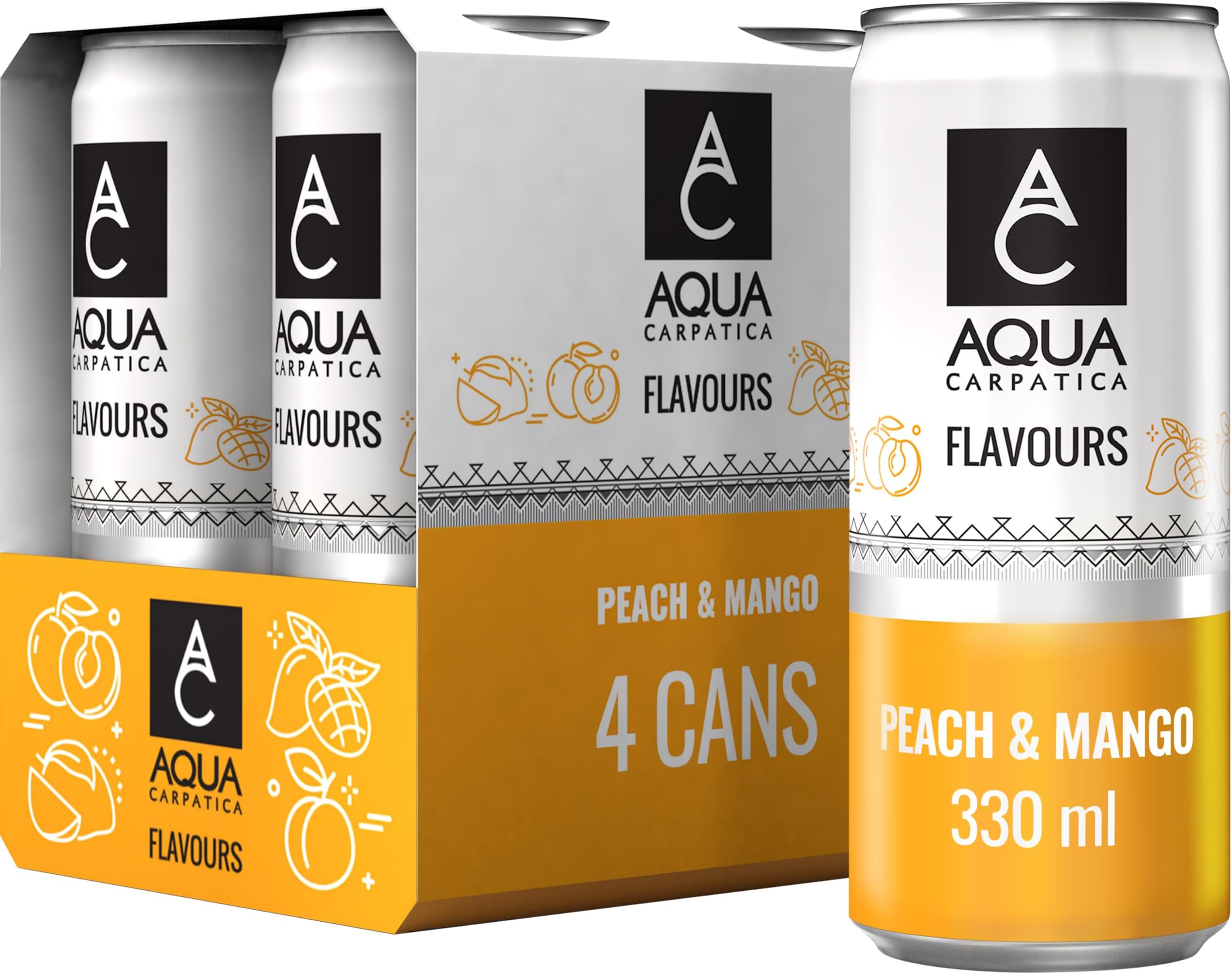 AQUA Carpatica Flavoured Sparkling Water Mango & Peach, Can, 4 x 330ml
