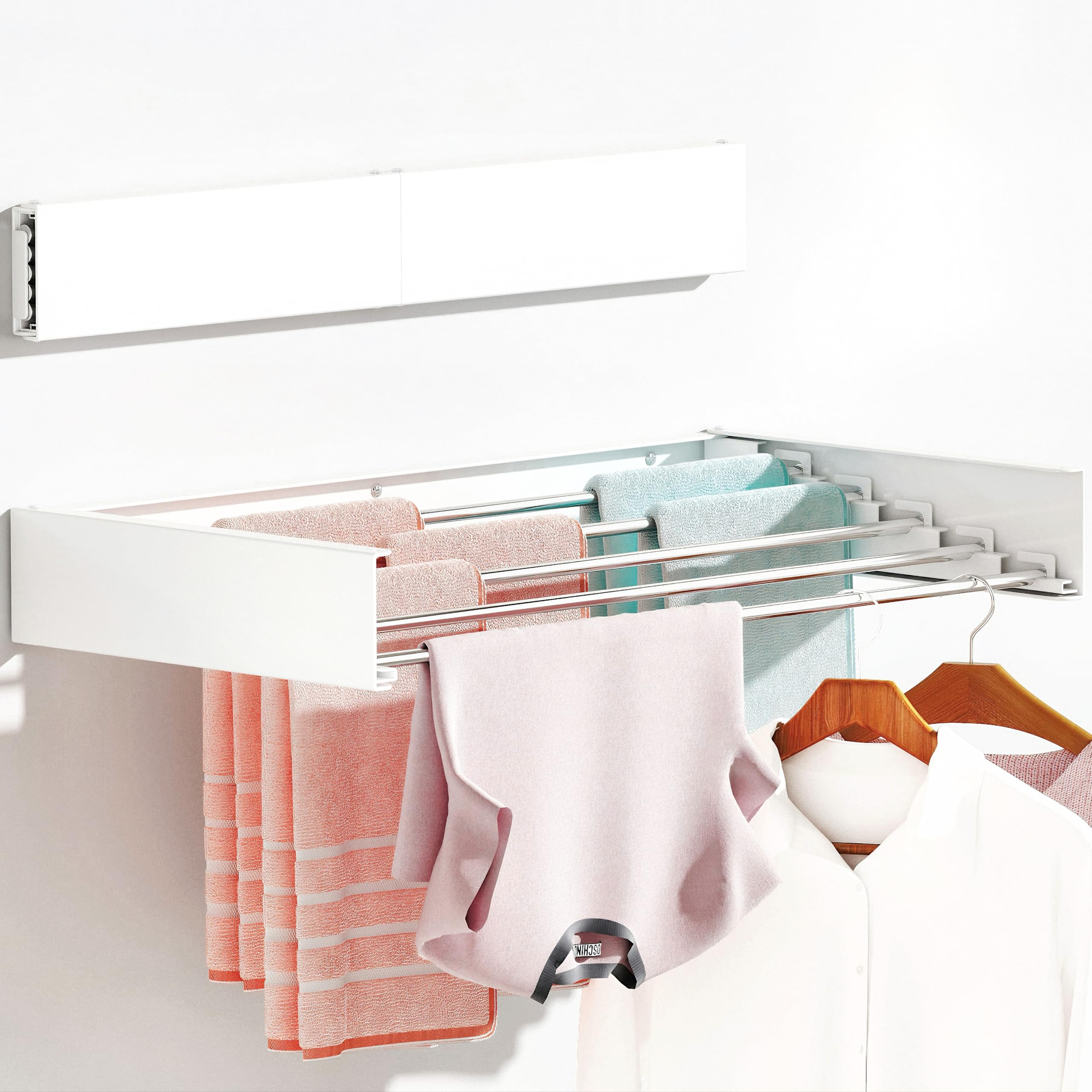 Wall Mounted Clothes Drying Rack, Extending Laundry Rack, Wall Mount Laundry Drying Rack Folding Indoor, 60lbs Capacity (5 Drying Rods, White 31.5")