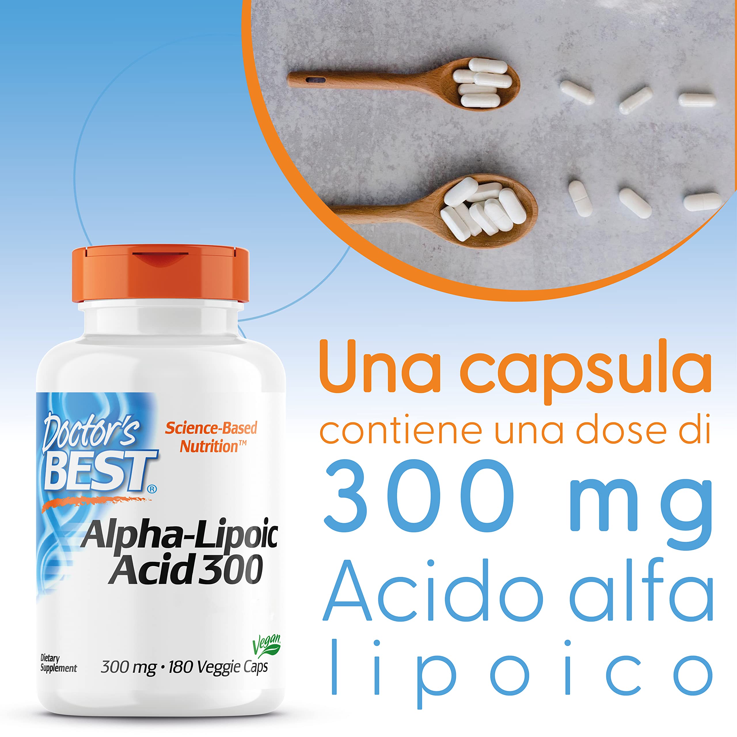 Doctor's Best, Alpha-Lipoic Acid (Acido Alfa Lipoico), 300mg, 180 Capsule vegane, Altamente Dosato, Testato in Laboratorio, Non OGM, Senza Glutine, Senza Soia