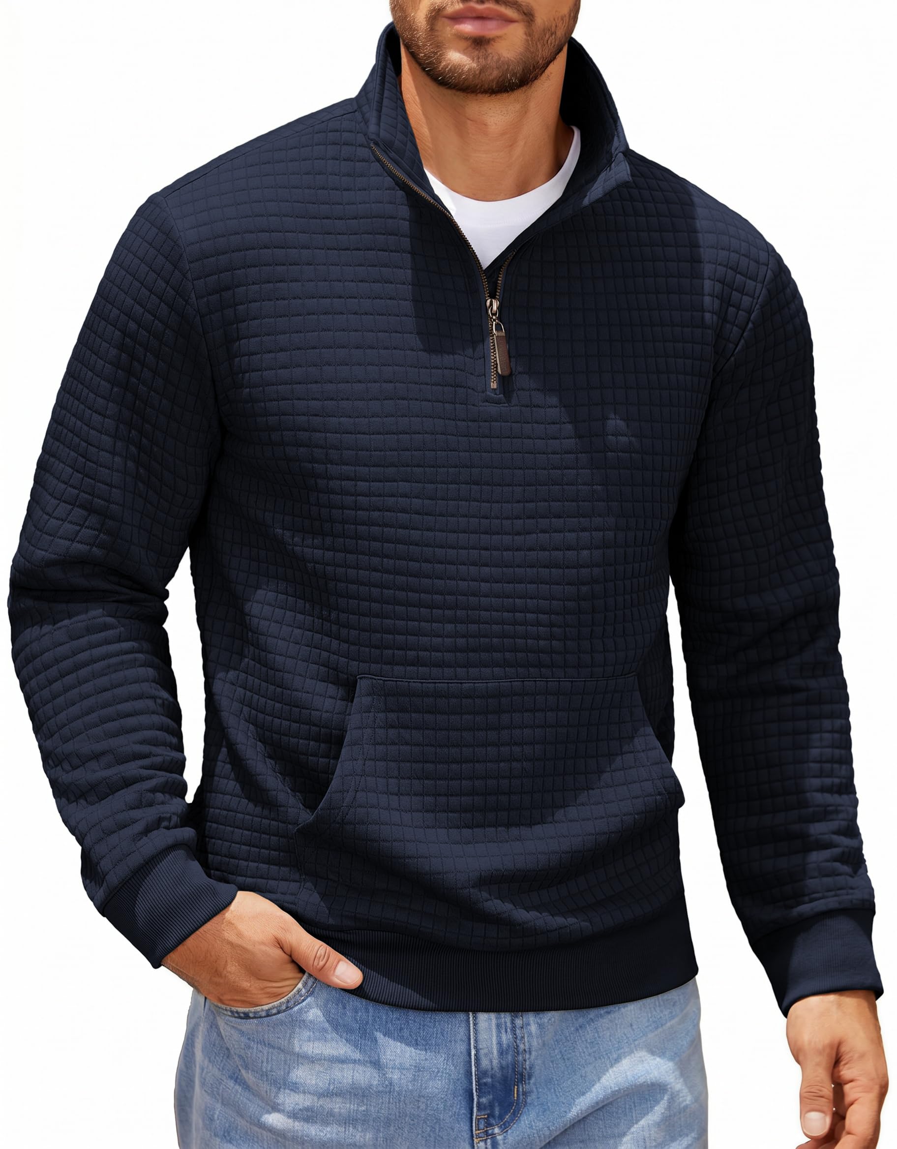 Mens Quarter Zip Sweatshirt Long Sleeve Casual Waffle Pullover Hoodies with Pocket